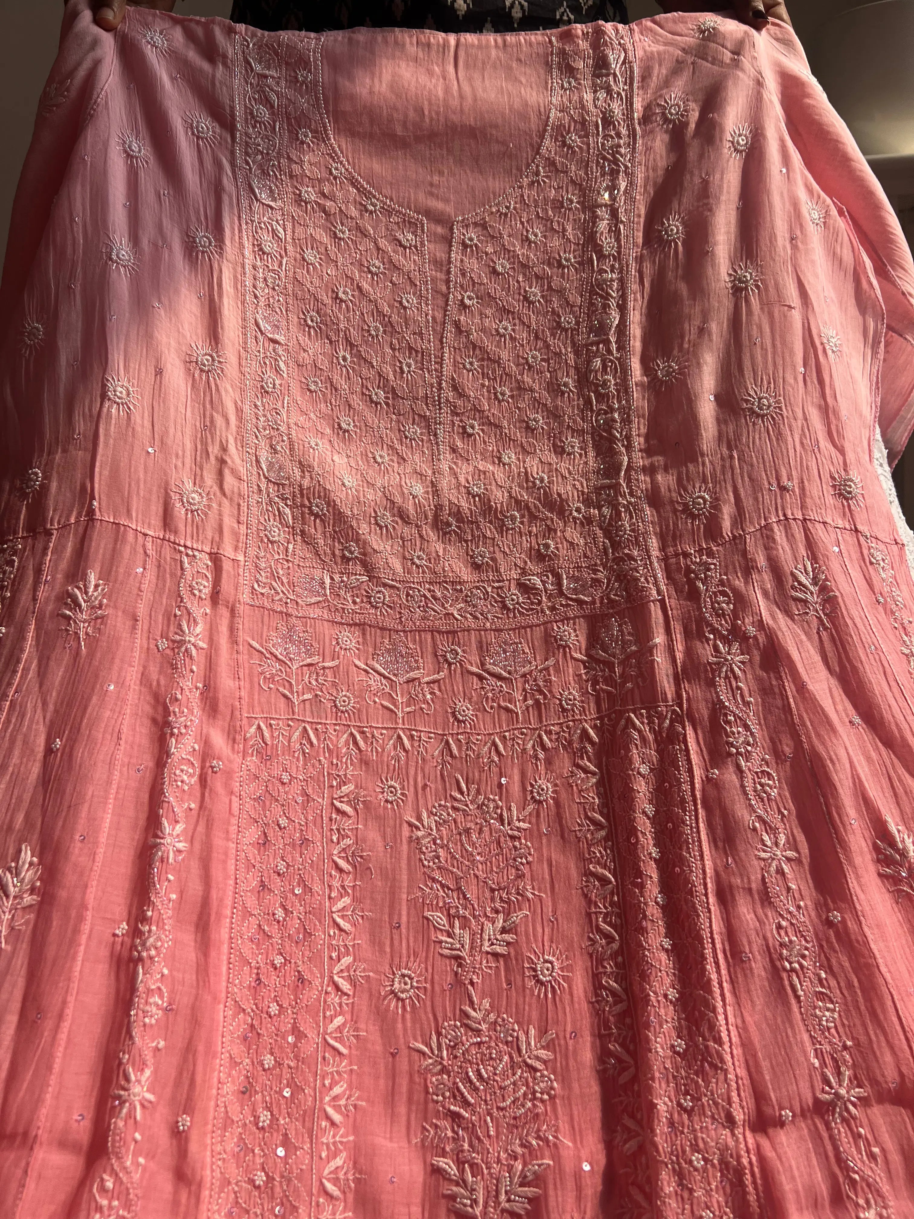 Mul Chanderi Chikankari Anarkali - Pink Ombre ARIAA CHIKANKARI 