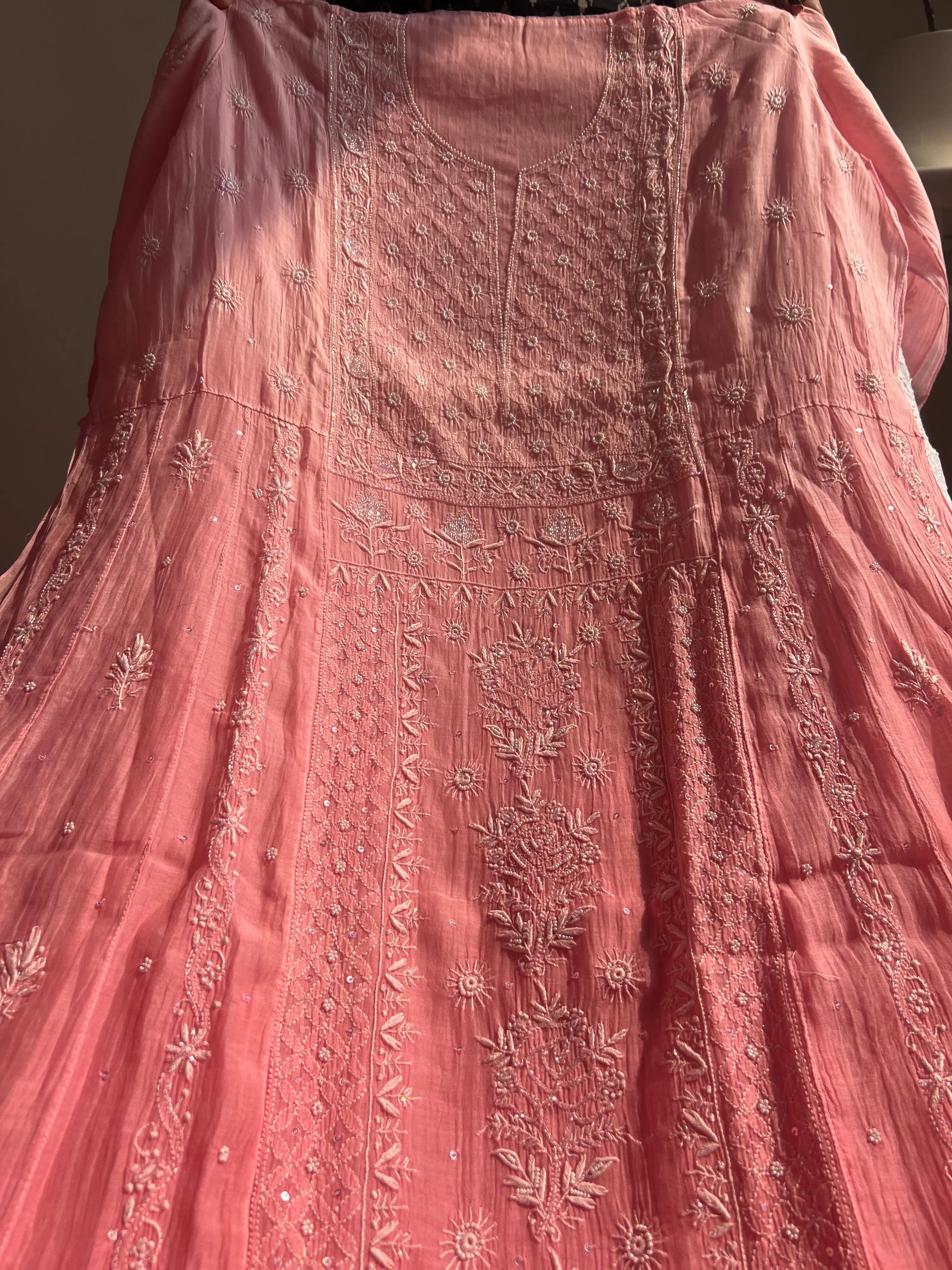 Mul Chanderi Chikankari Anarkali - Pink Ombre ARIAA CHIKANKARI 