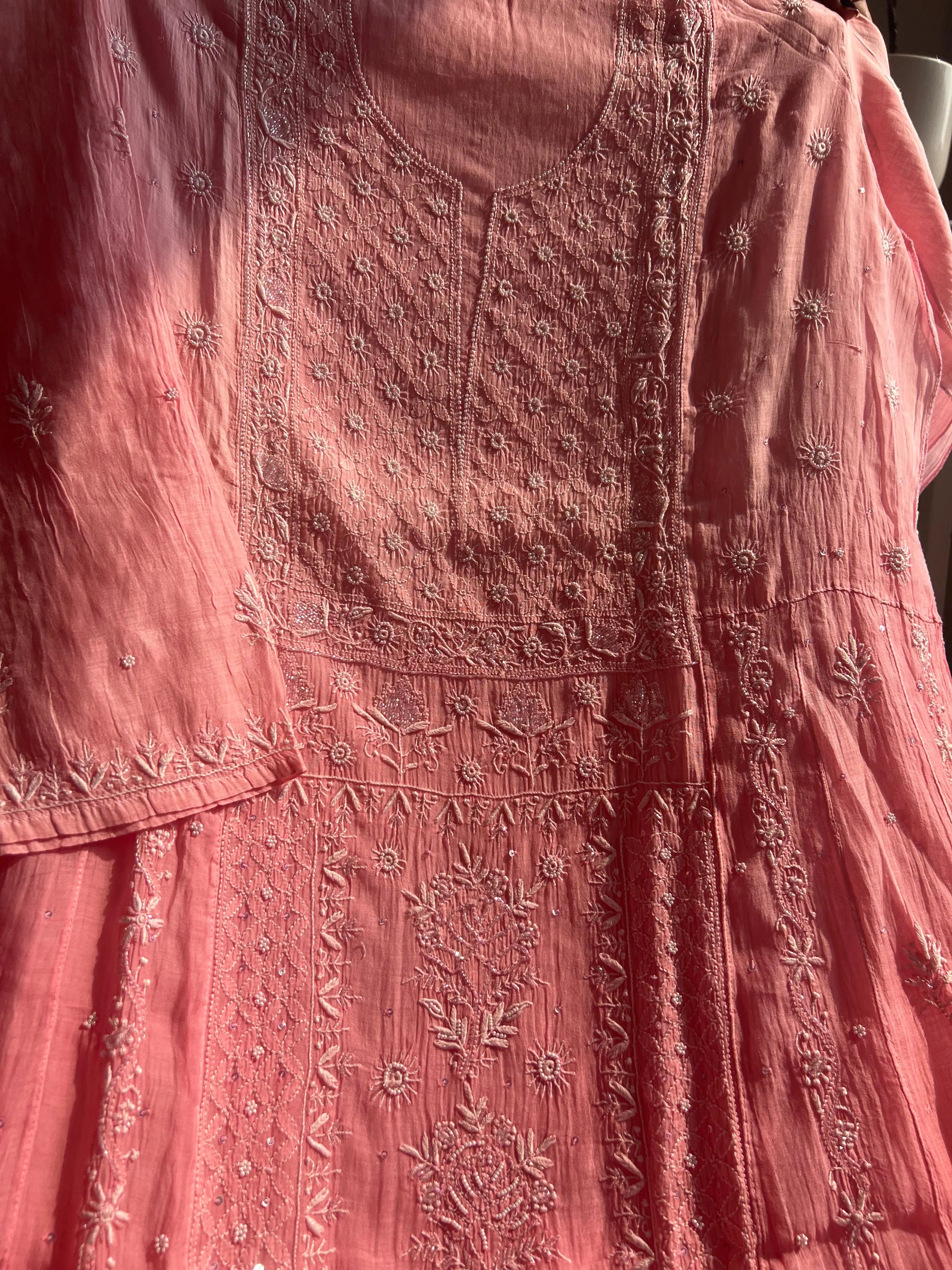 Mul Chanderi Chikankari Anarkali - Pink Ombre ARIAA CHIKANKARI 