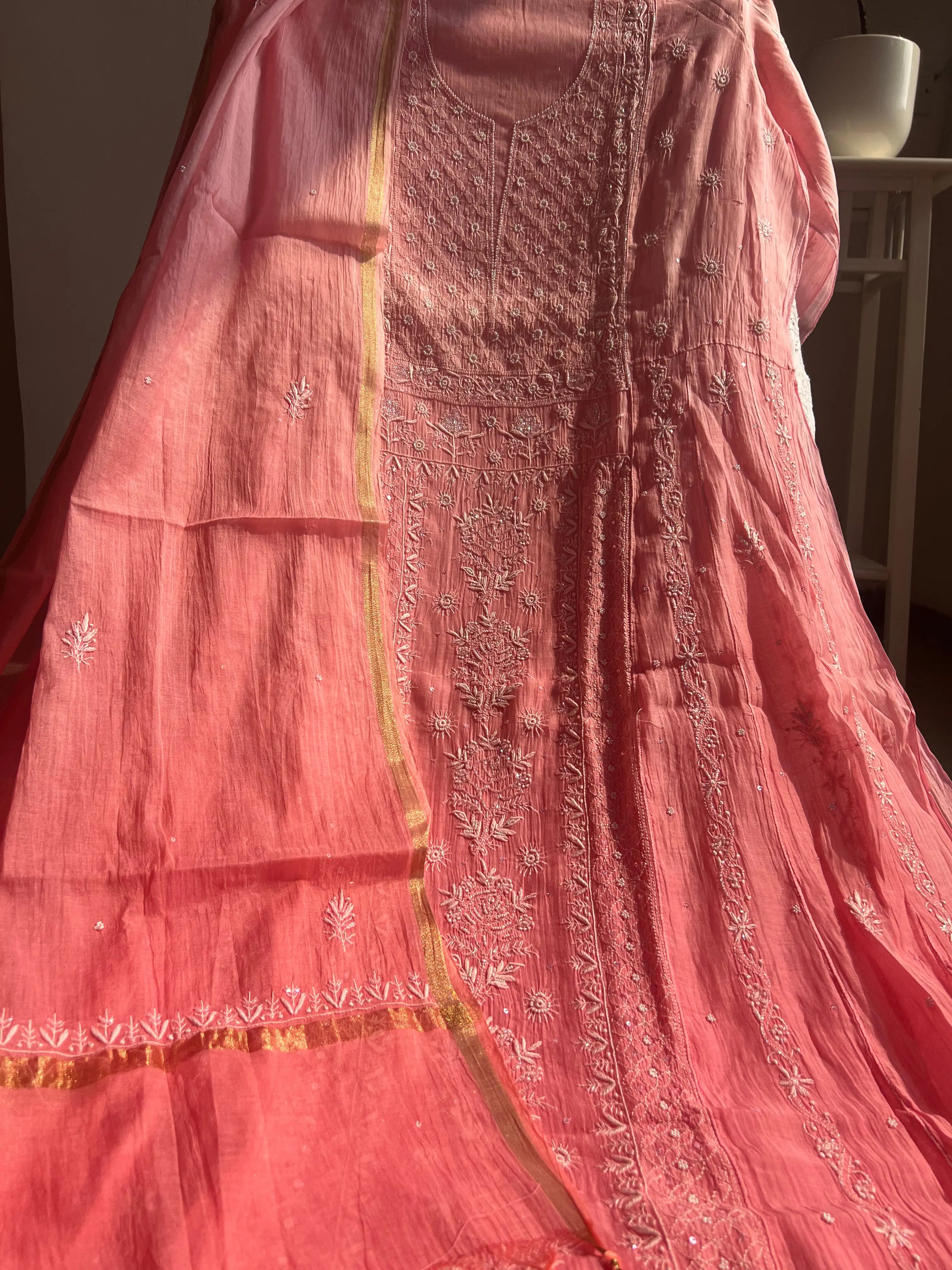 Mul Chanderi Chikankari Anarkali - Pink Ombre ARIAA CHIKANKARI 