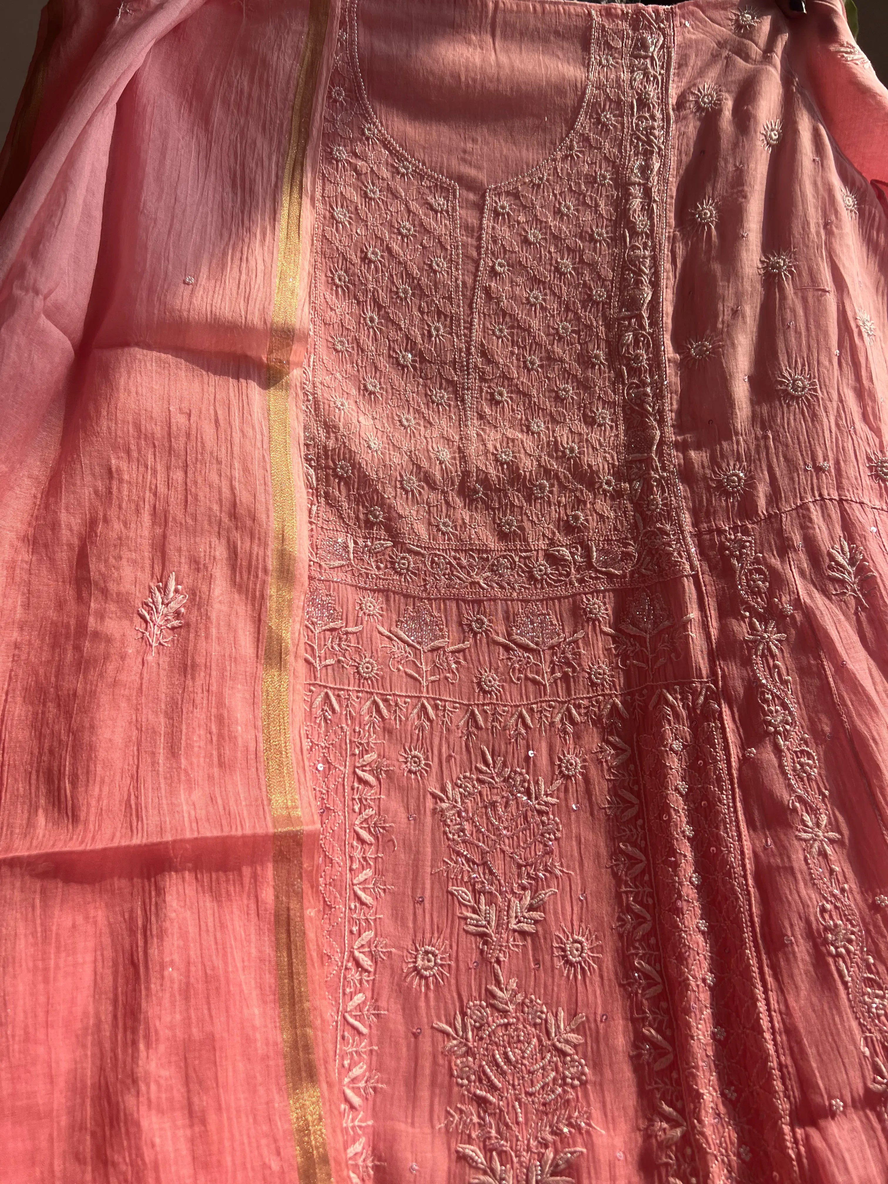 Mul Chanderi Chikankari Anarkali - Pink Ombre ARIAA CHIKANKARI 