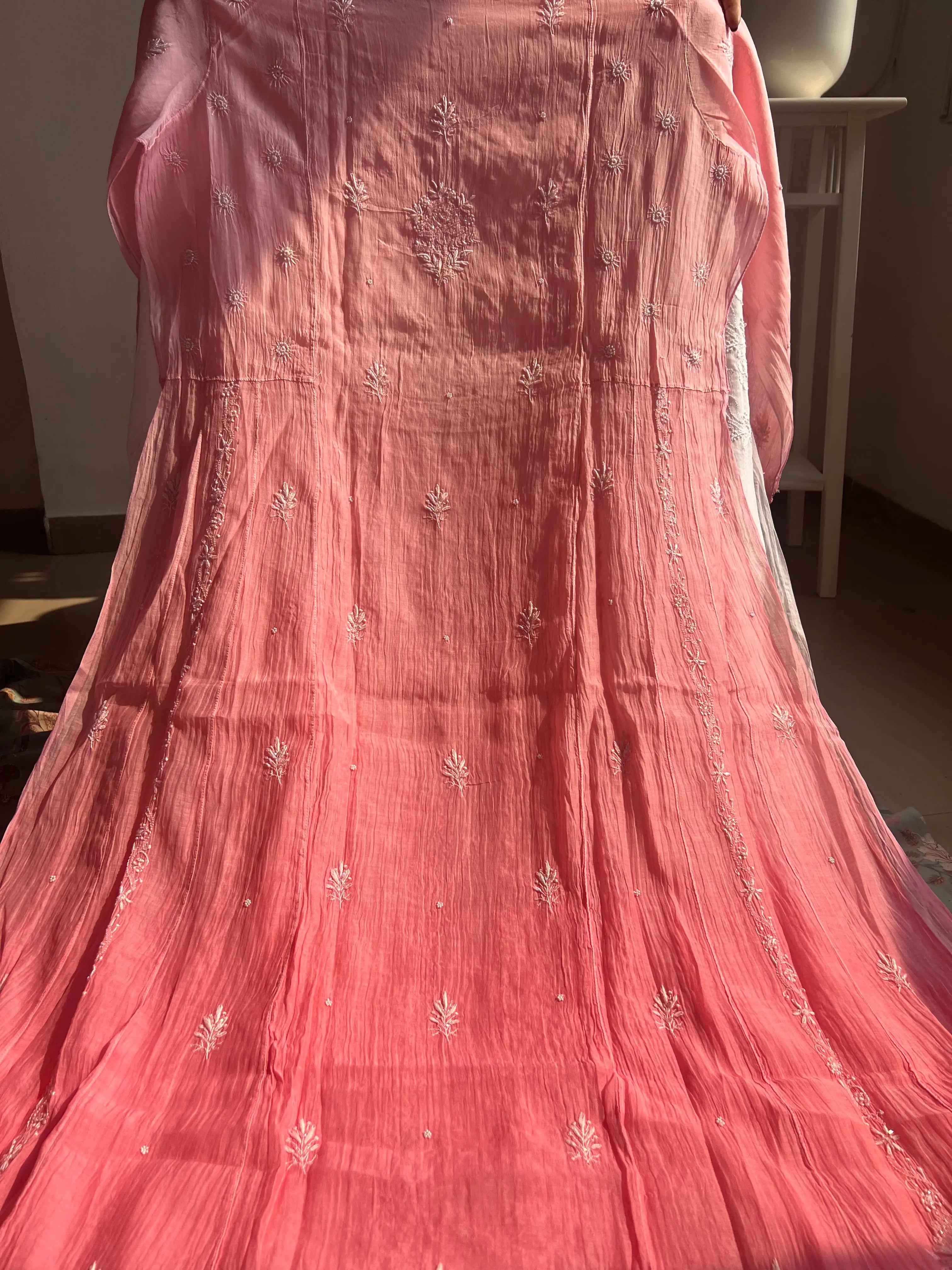 Mul Chanderi Chikankari Anarkali - Pink Ombre ARIAA CHIKANKARI 