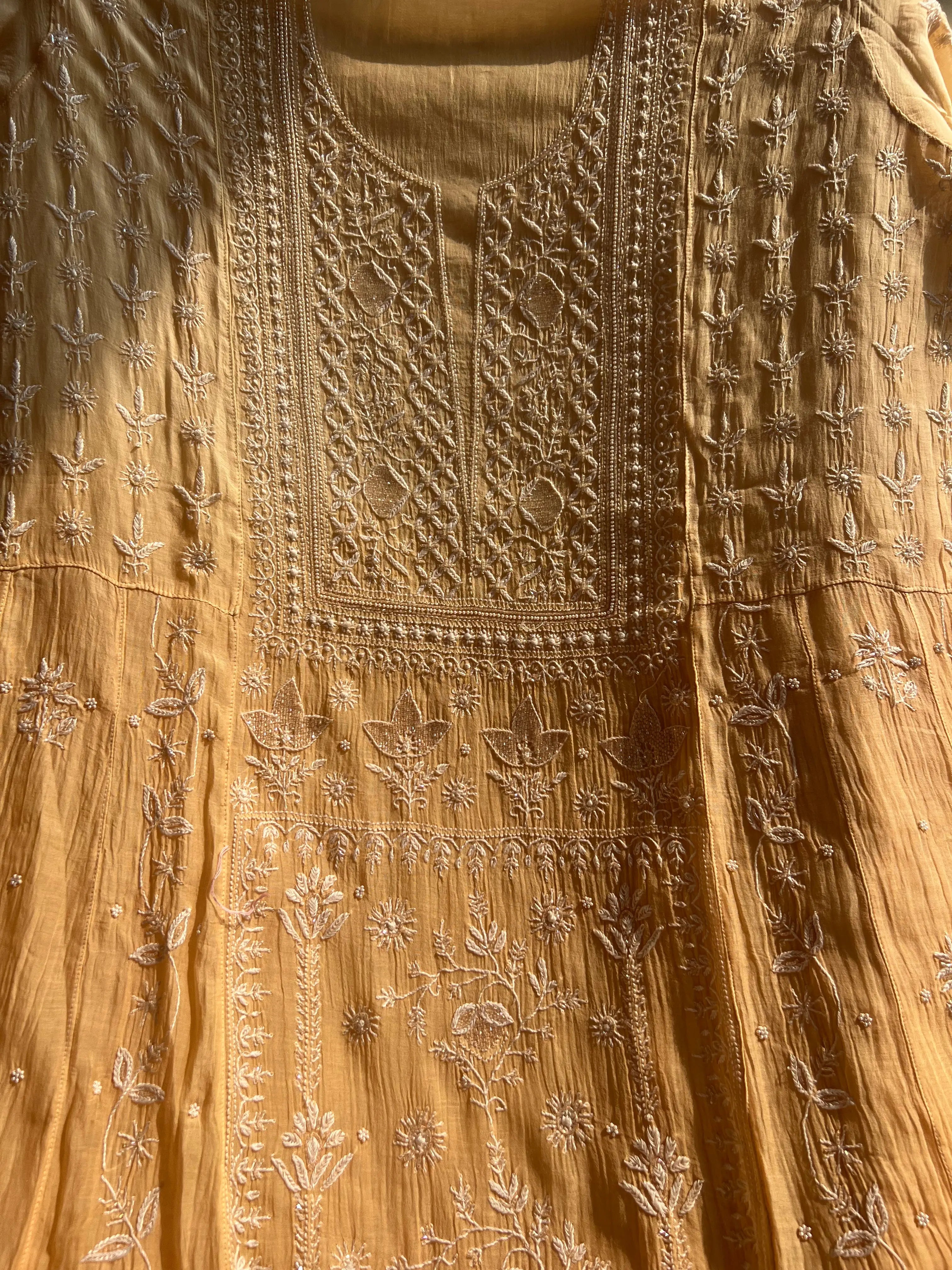 Mul Chanderi Chikankari Anarkali - Beige Ombre ARIAA CHIKANKARI 
