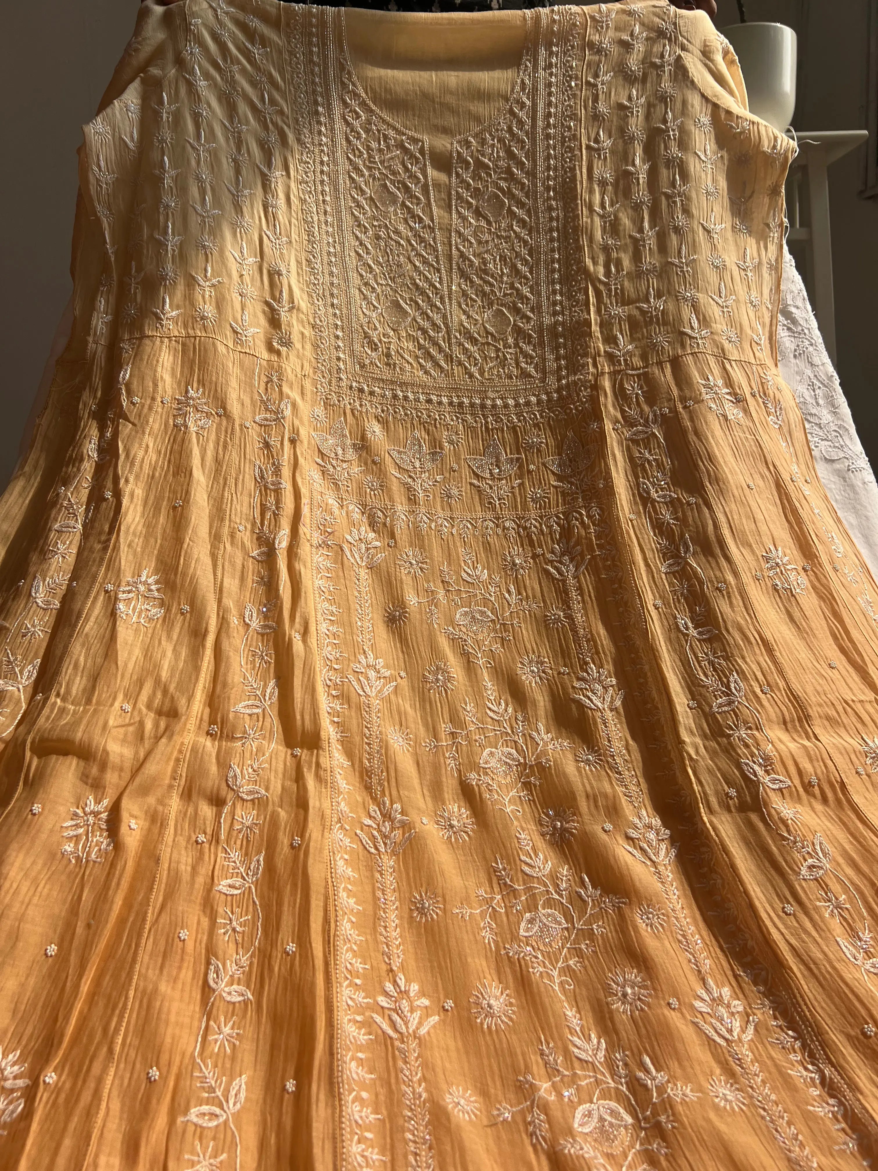 Mul Chanderi Chikankari Anarkali - Beige Ombre ARIAA CHIKANKARI 