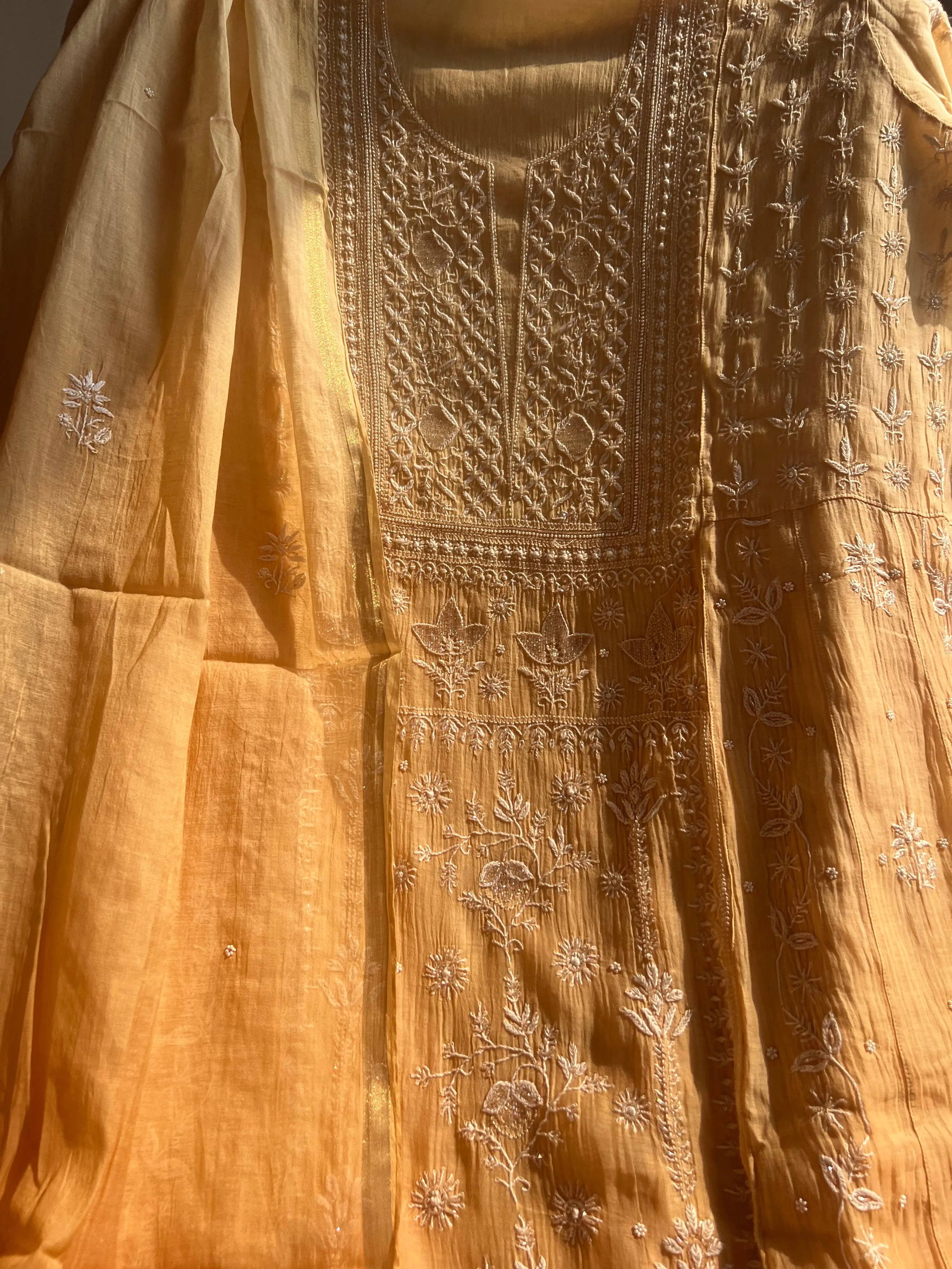 Mul Chanderi Chikankari Anarkali - Beige Ombre ARIAA CHIKANKARI 