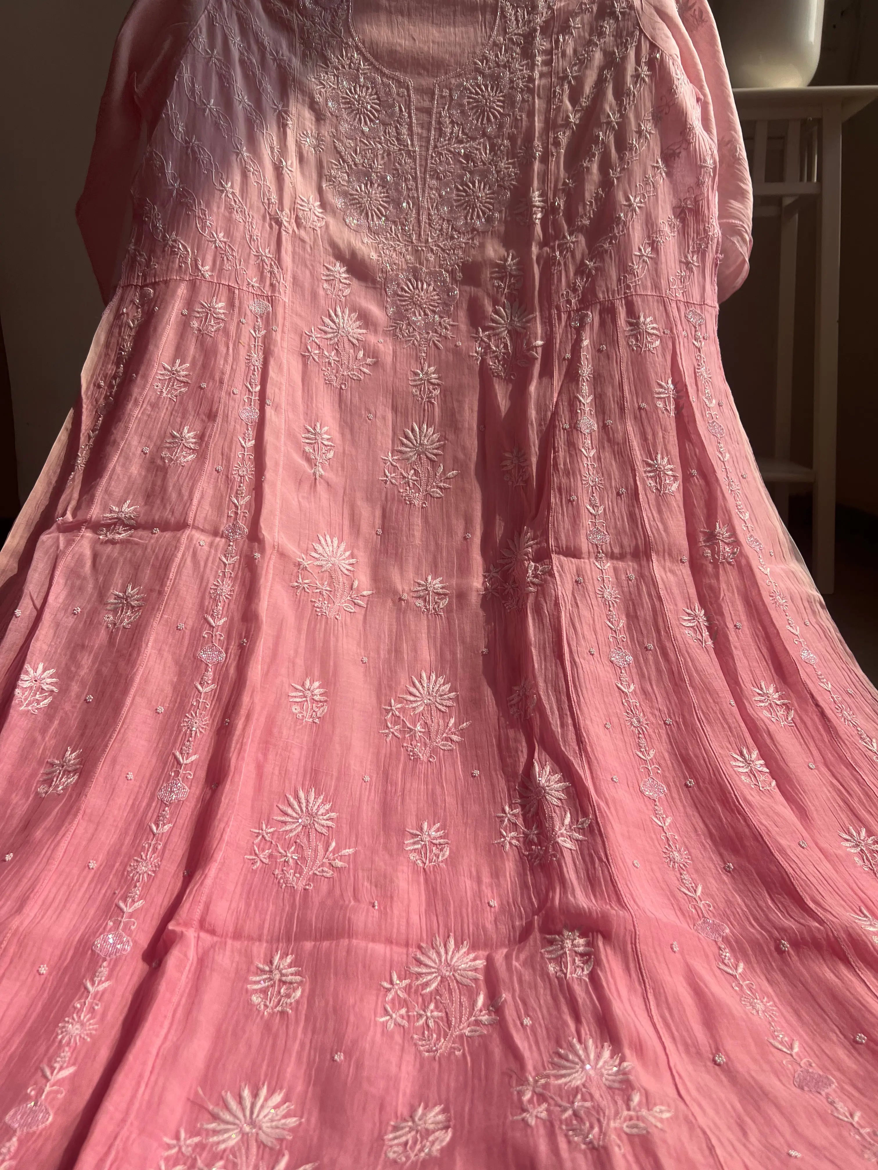 Mul Chanderi Chikankari Anarkali - Pink Ombre ARIAA CHIKANKARI 