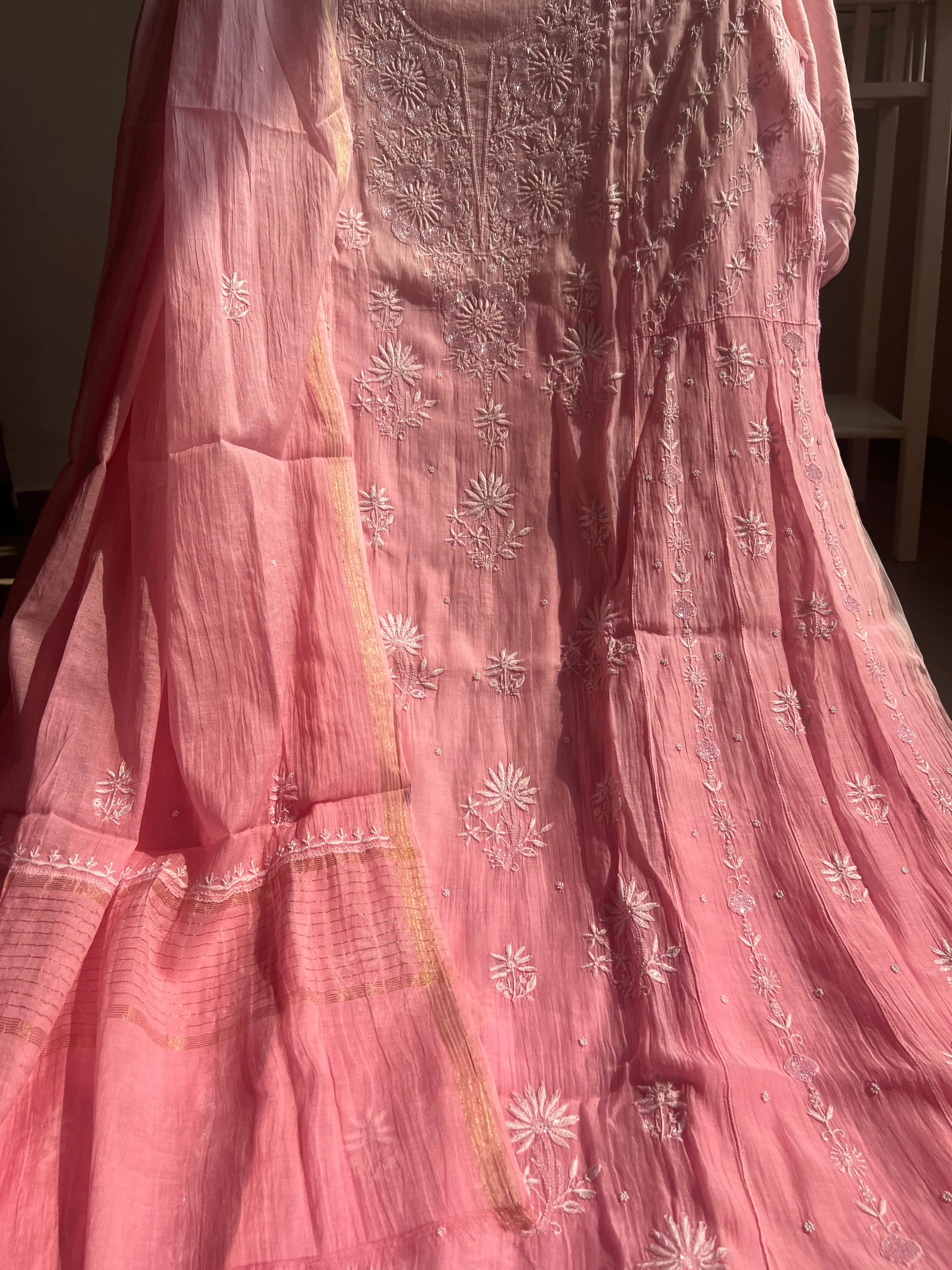 Mul Chanderi Chikankari Anarkali - Pink Ombre ARIAA CHIKANKARI 