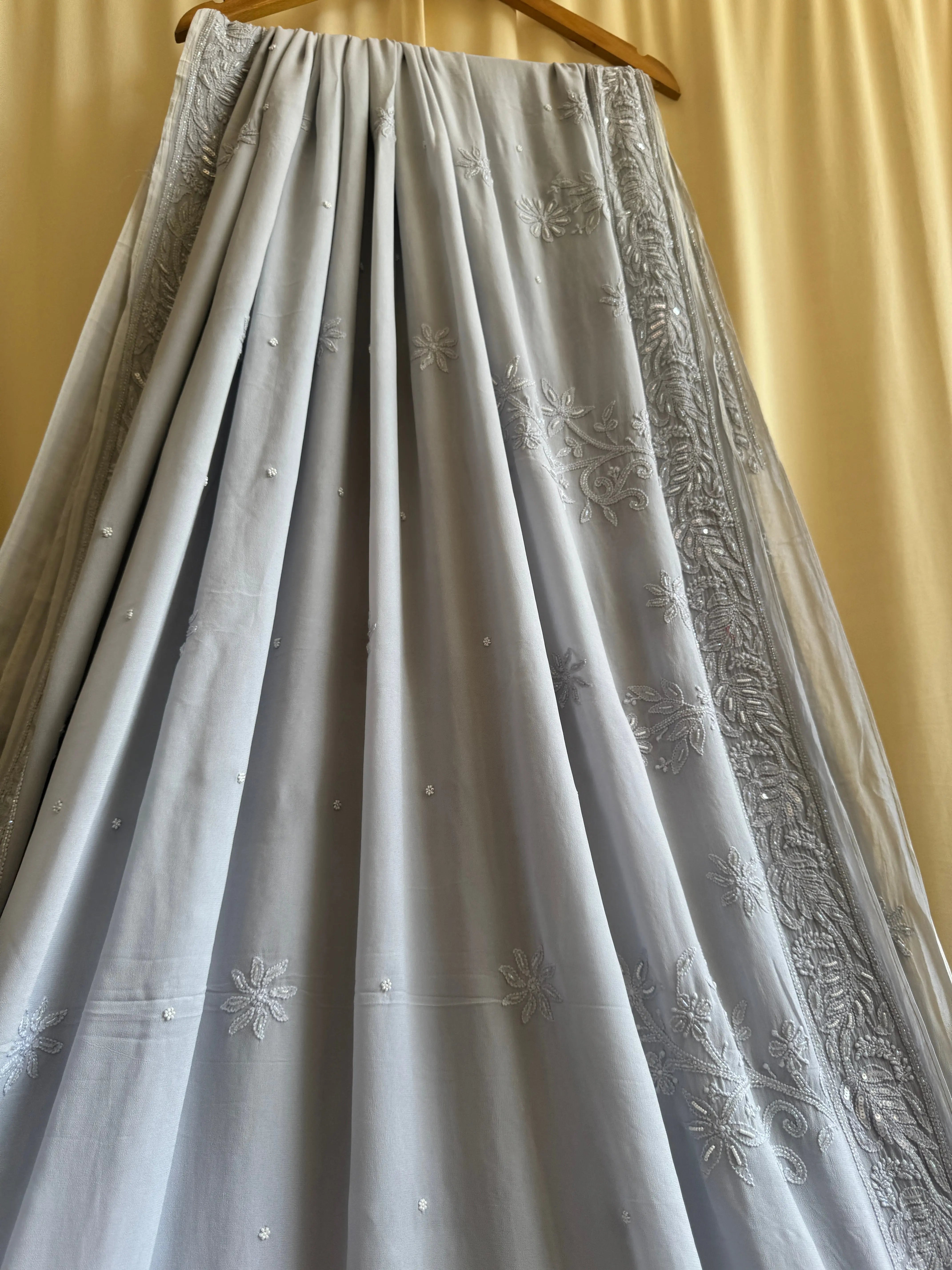 Viscose Light cool grey Chikankari saree with Pearl embellishments ARIAA CHIKANKARI 