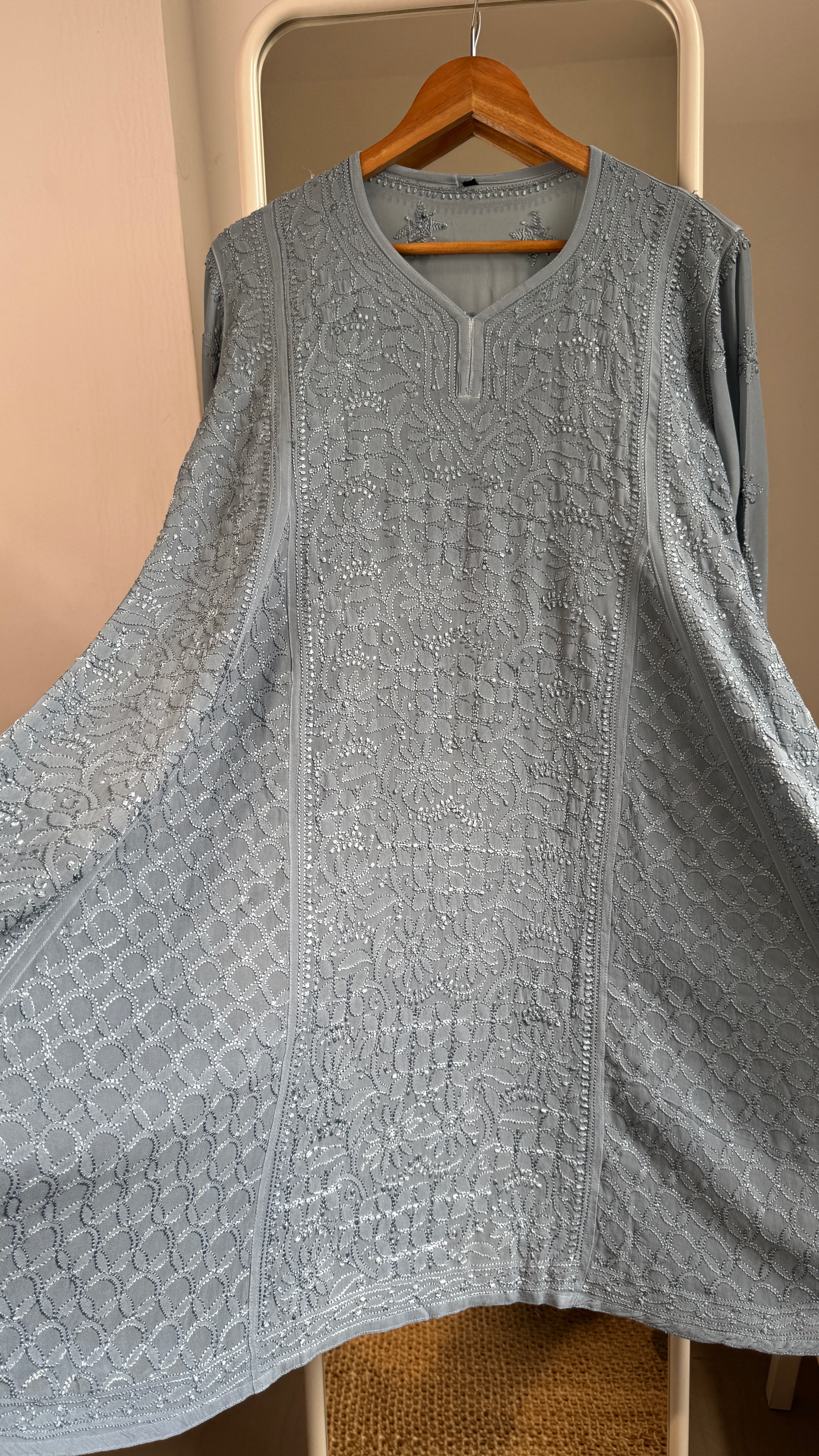 Viscose Chikankari Short Anarkali - Grey  - Sahar Collection
