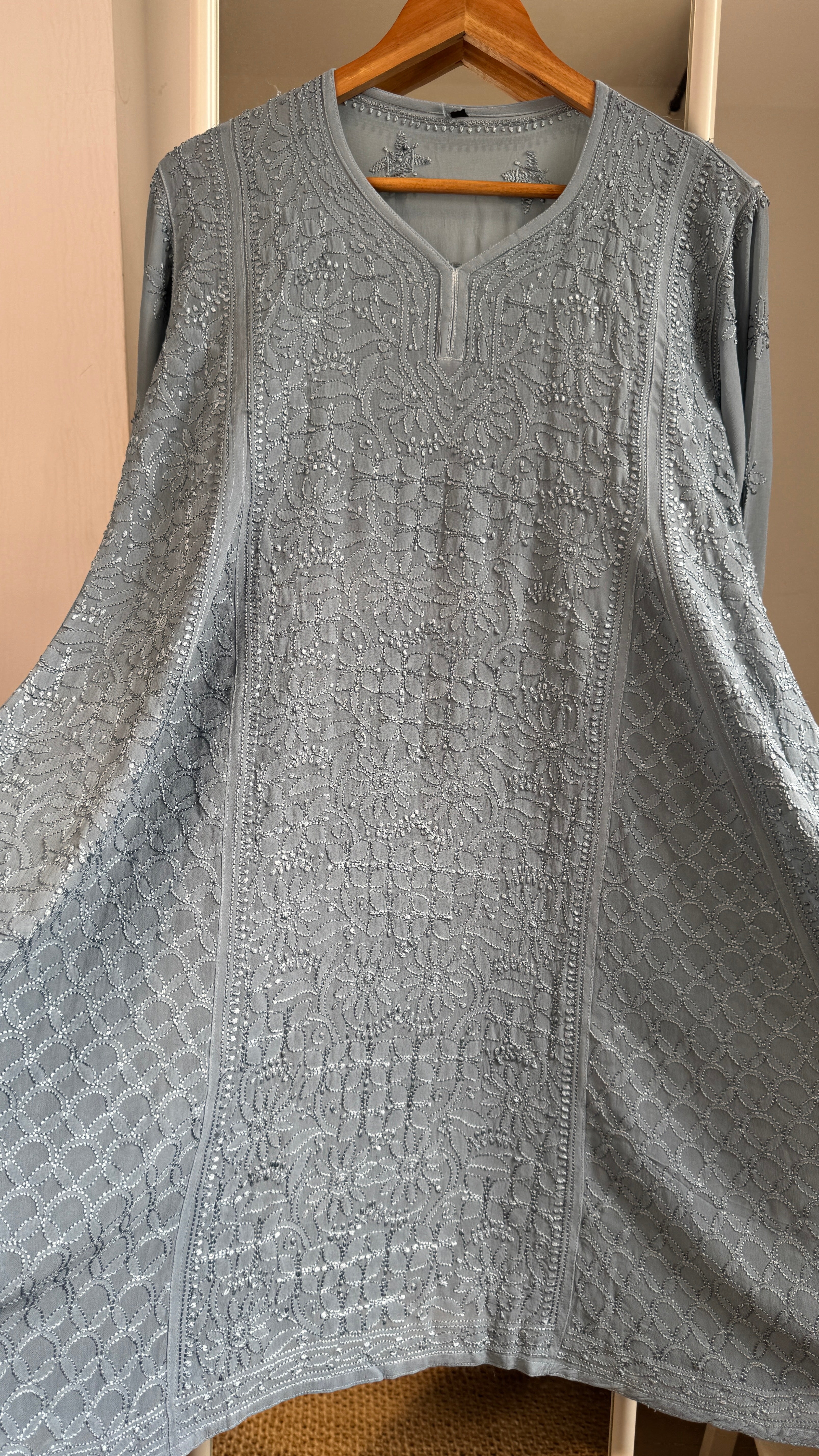 Viscose Chikankari Short Anarkali - Grey  - Sahar Collection