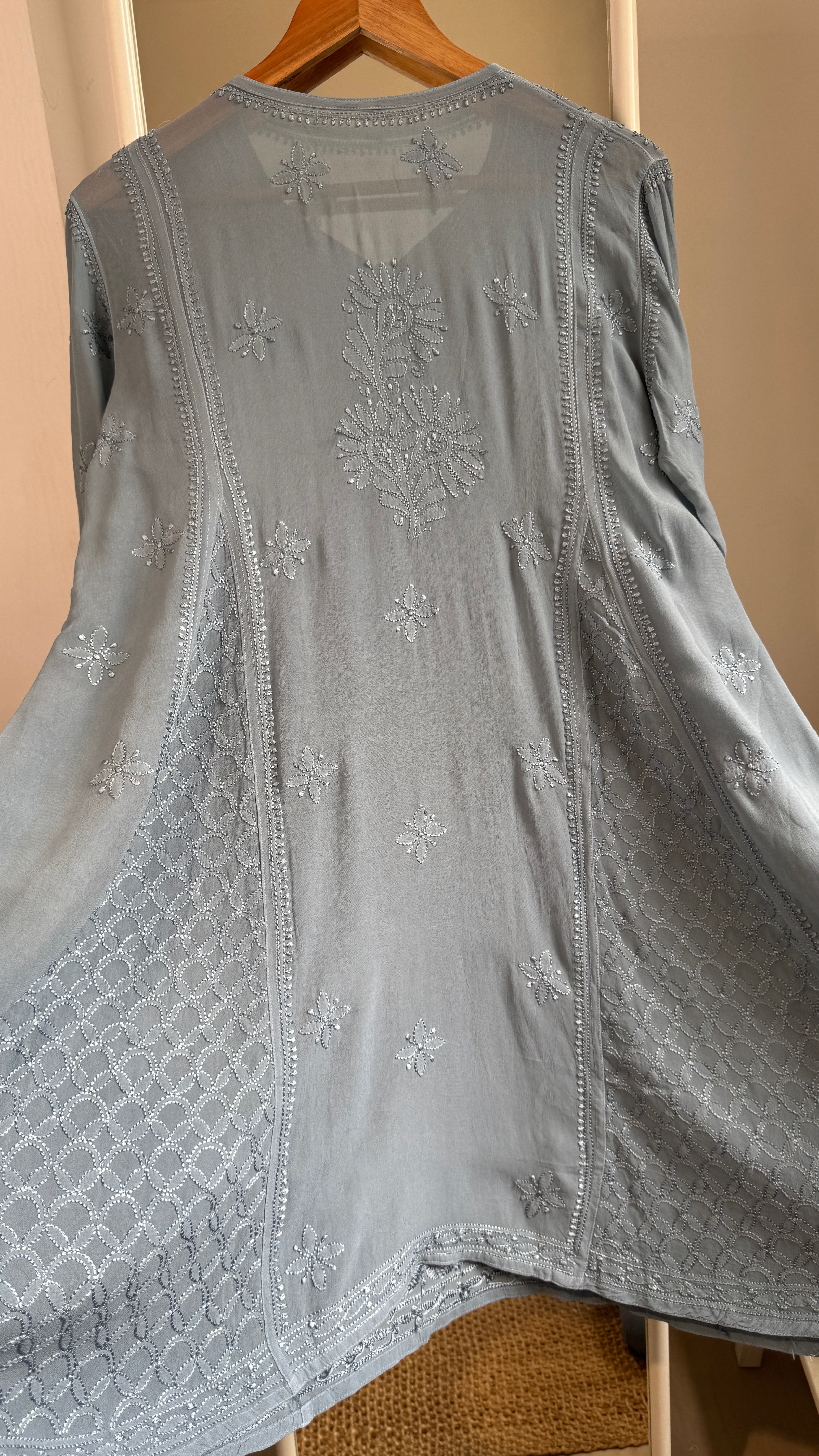 Viscose Chikankari Short Anarkali - Grey  - Sahar Collection