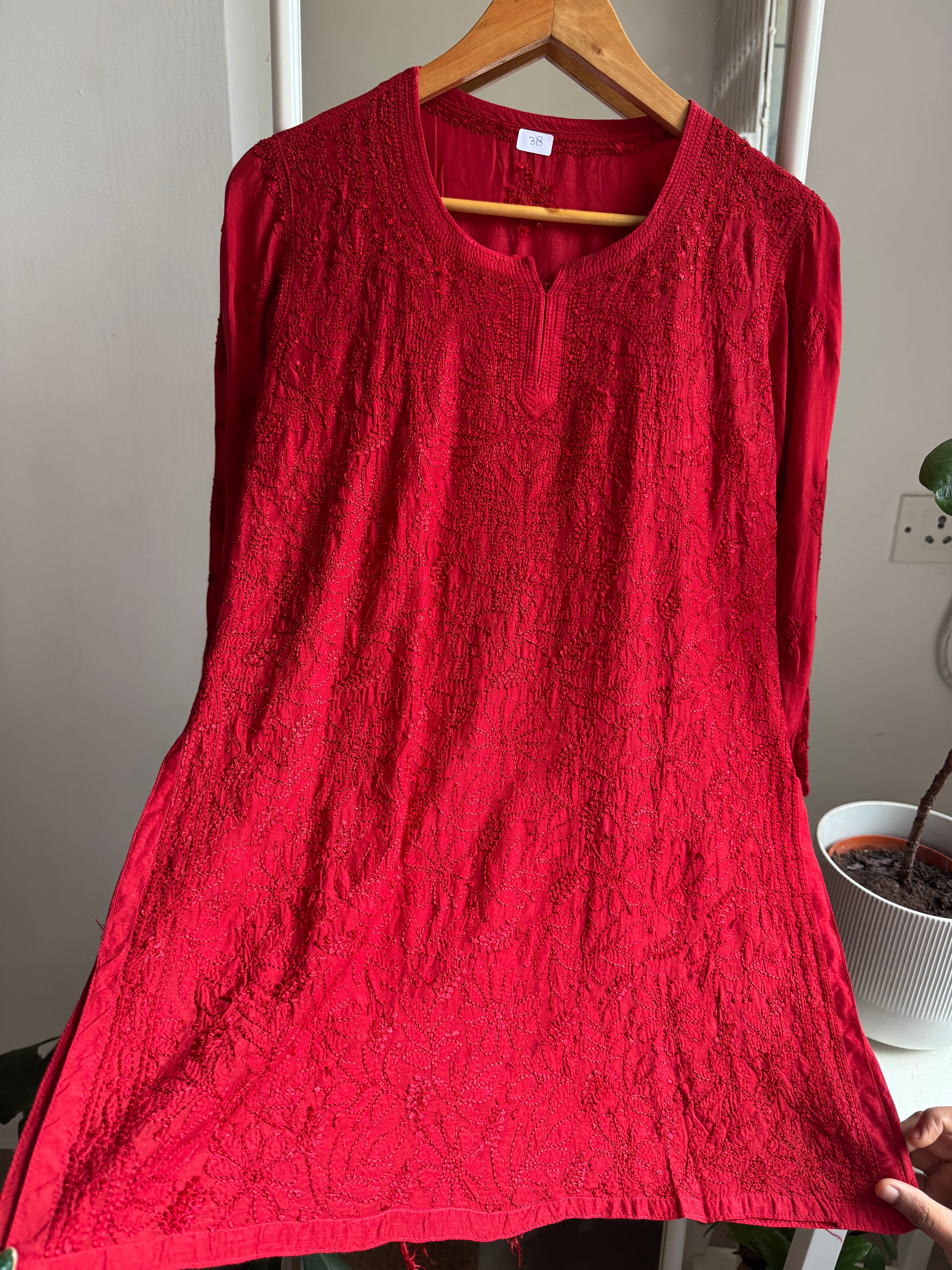 Chikankari Muslin short Top in Red ARIAA CHIKANKARI 