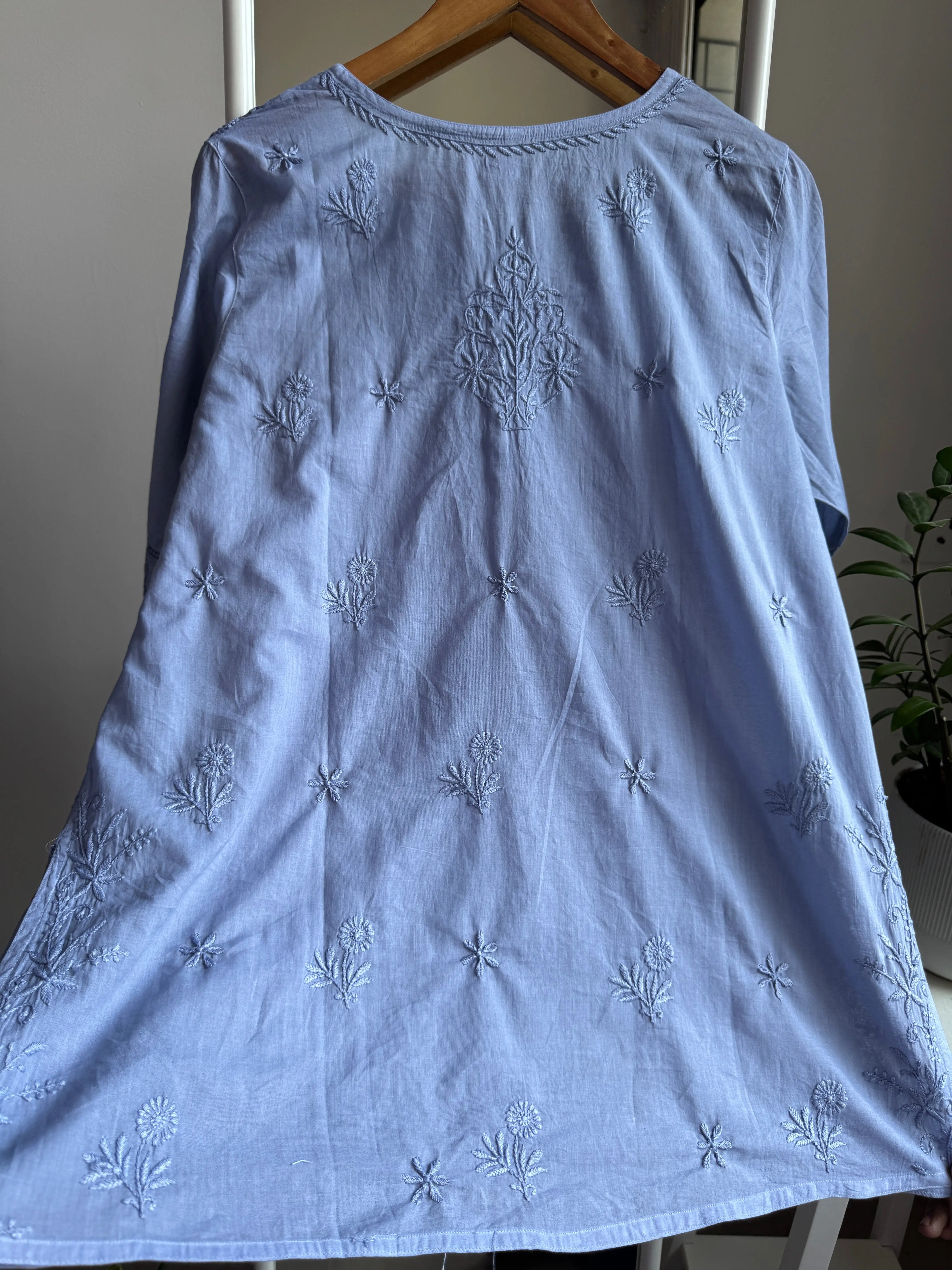 Mul Cotton Chikankari Full sleeves short Top -  Grey ARIAA CHIKANKARI 
