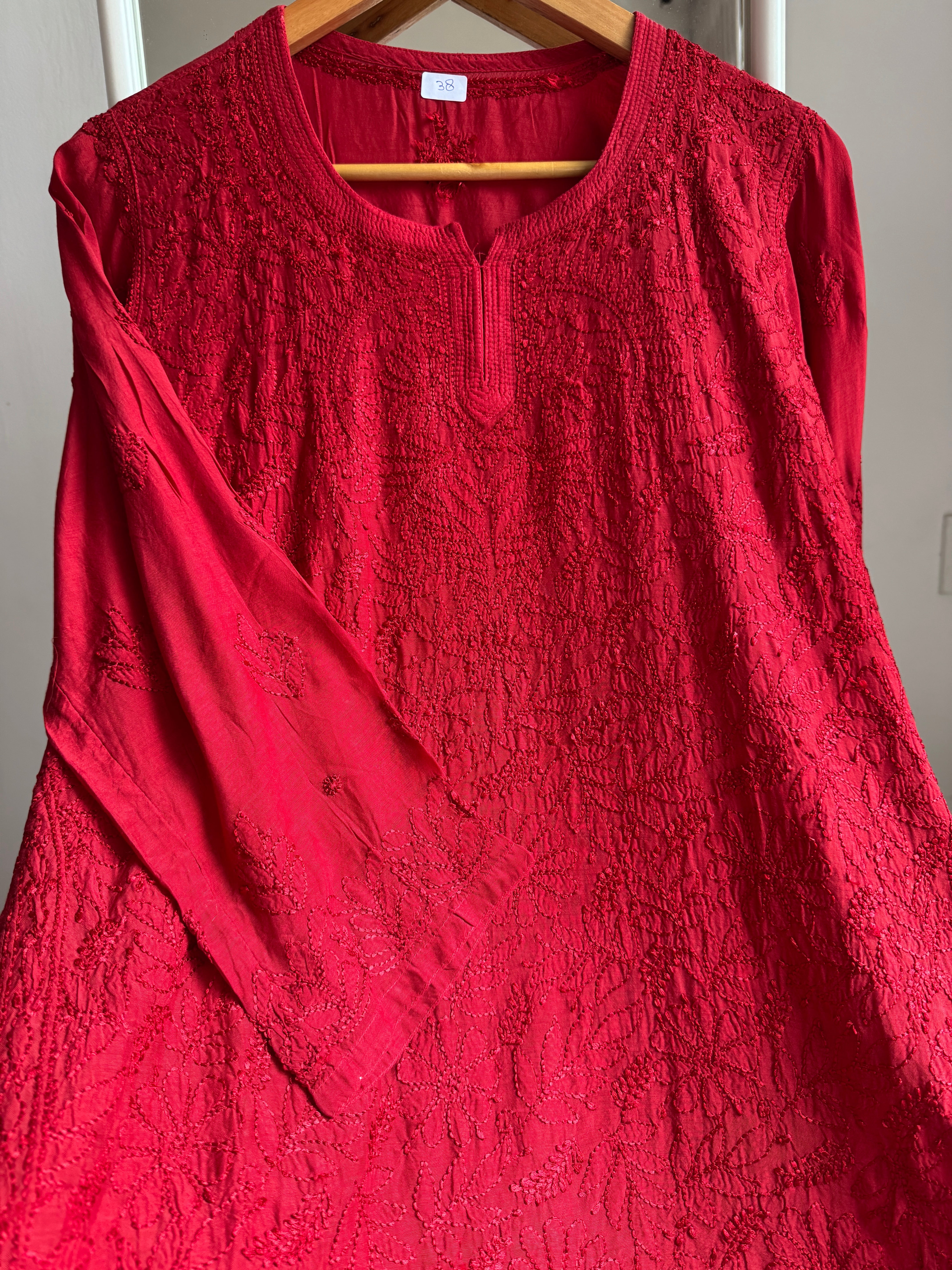Chikankari Muslin short Top in Red ARIAA CHIKANKARI 