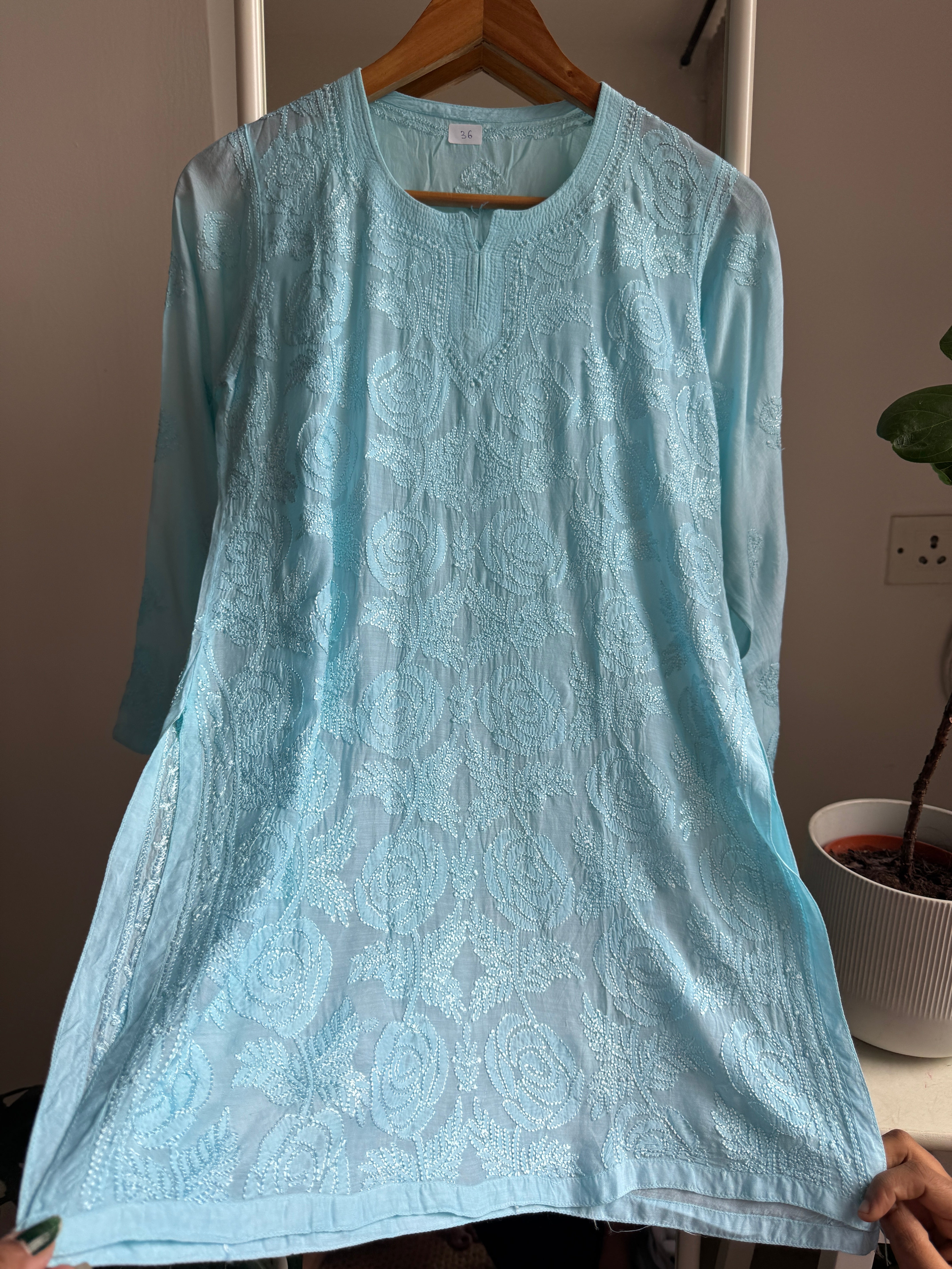 Chikankari Muslin short Top in Firozi ARIAA CHIKANKARI 
