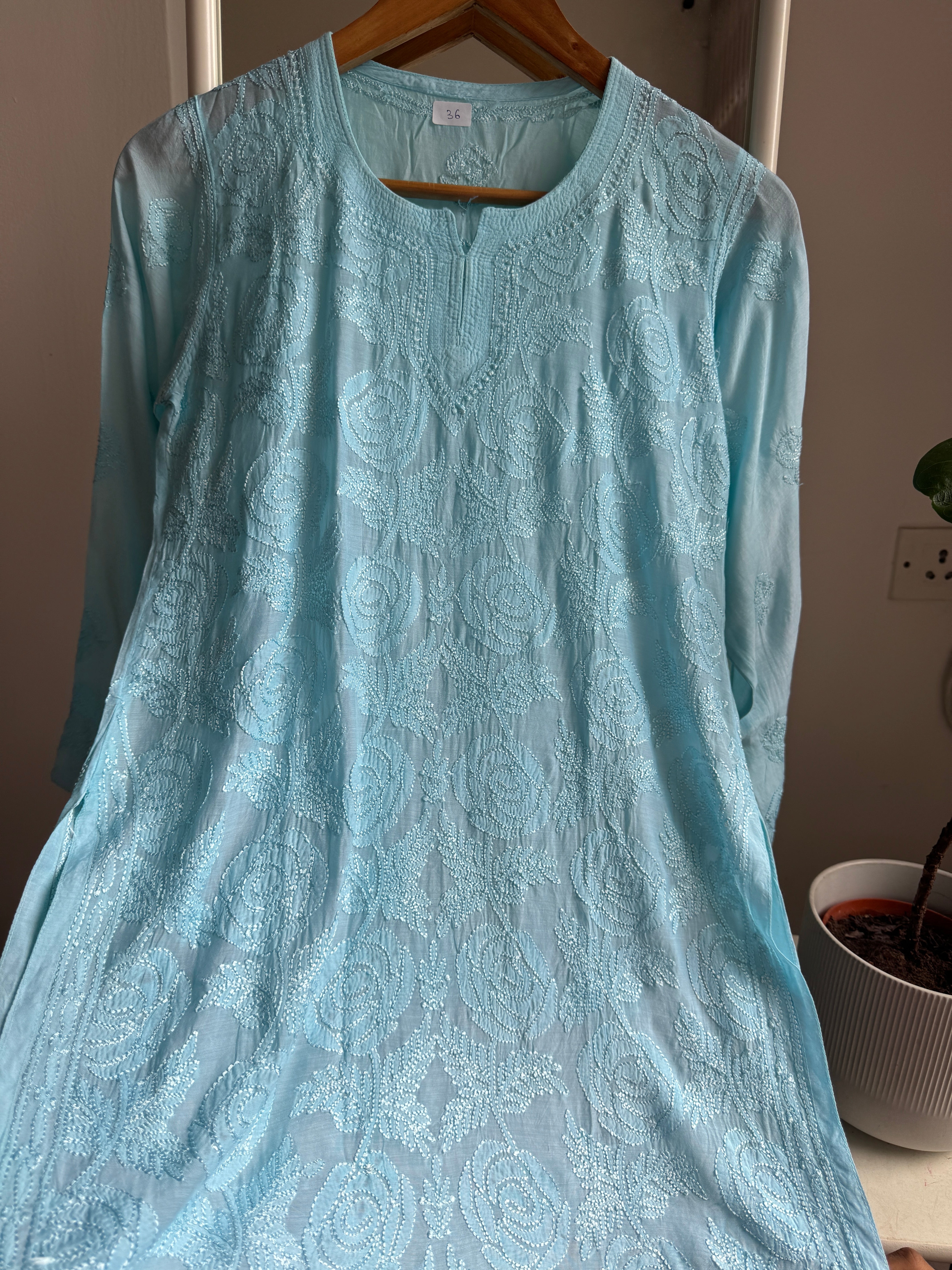 Chikankari Muslin short Top in Firozi ARIAA CHIKANKARI 