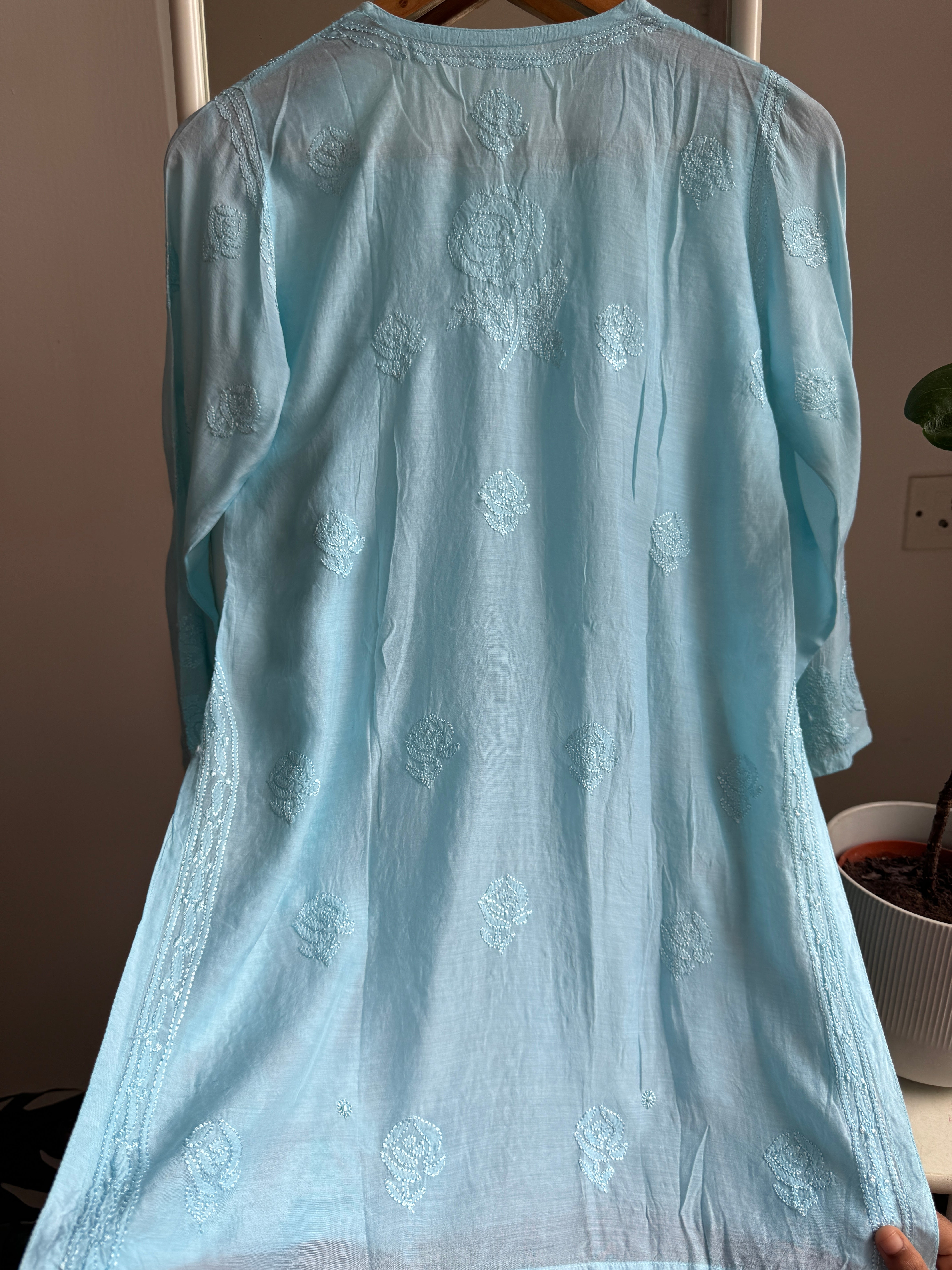 Chikankari Muslin short Top in Firozi ARIAA CHIKANKARI 