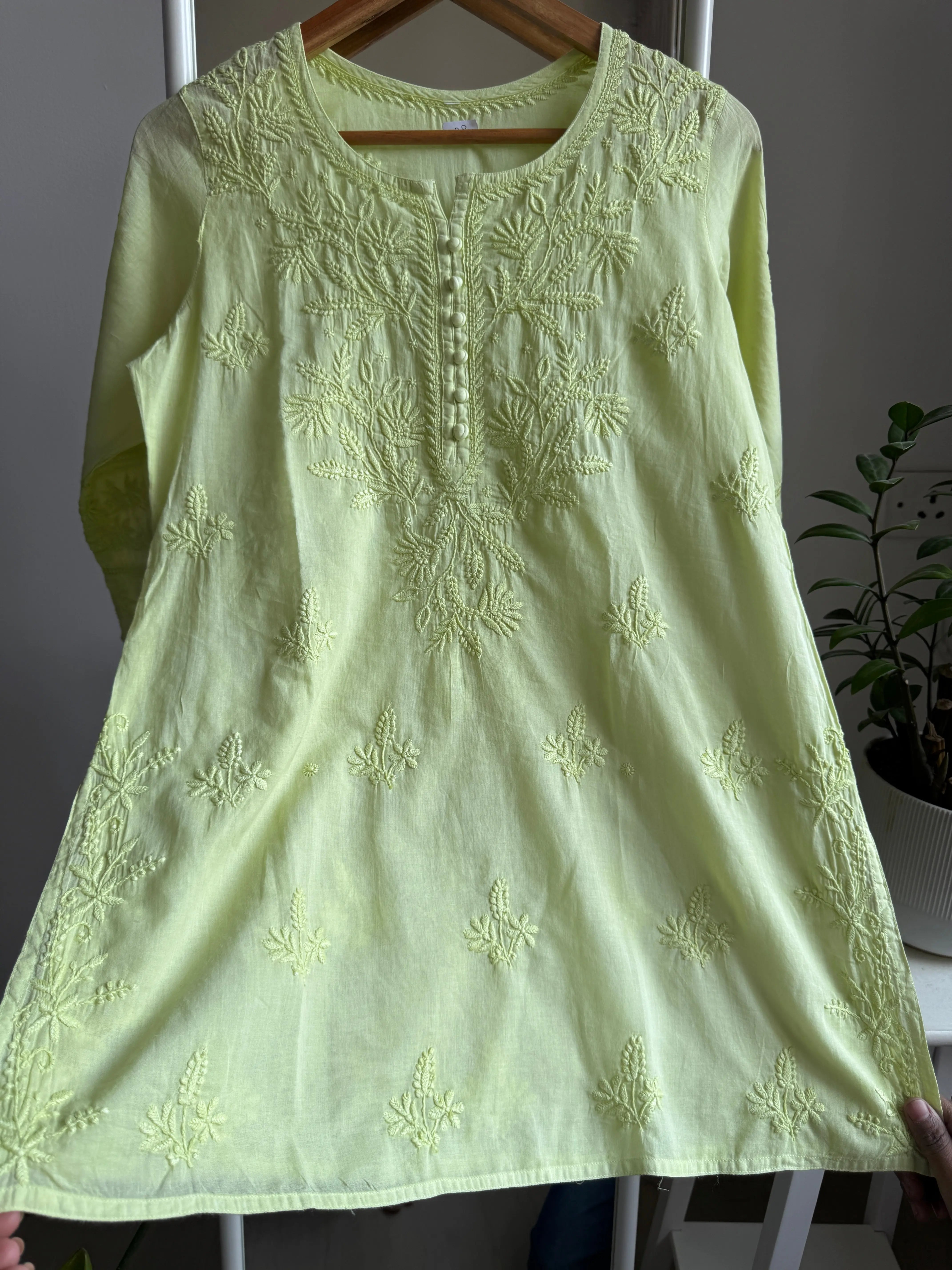 Mul Cotton Chikankari Full sleeves short Top - Apple Green ARIAA CHIKANKARI 