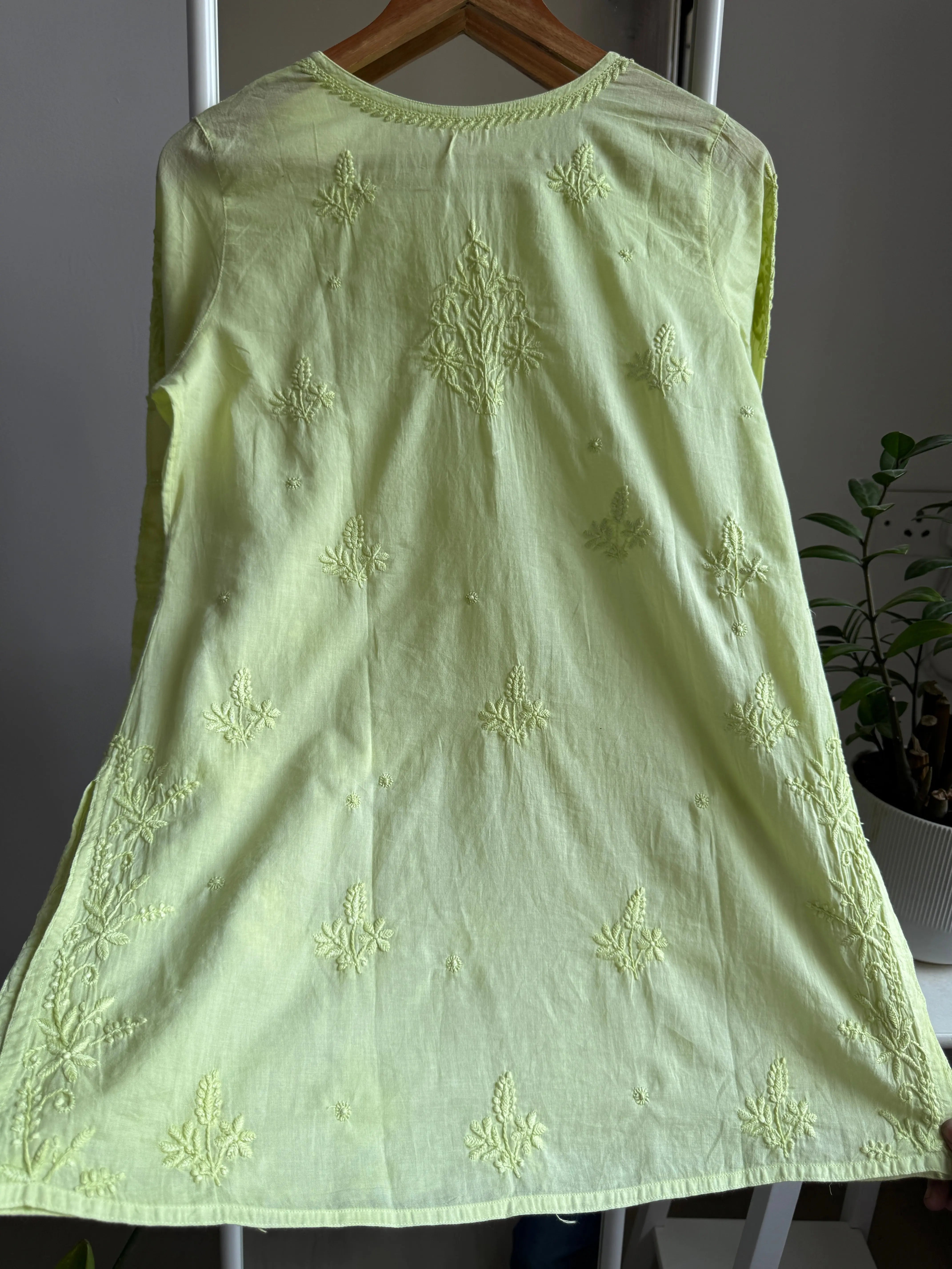 Mul Cotton Chikankari Full sleeves short Top - Apple Green ARIAA CHIKANKARI 