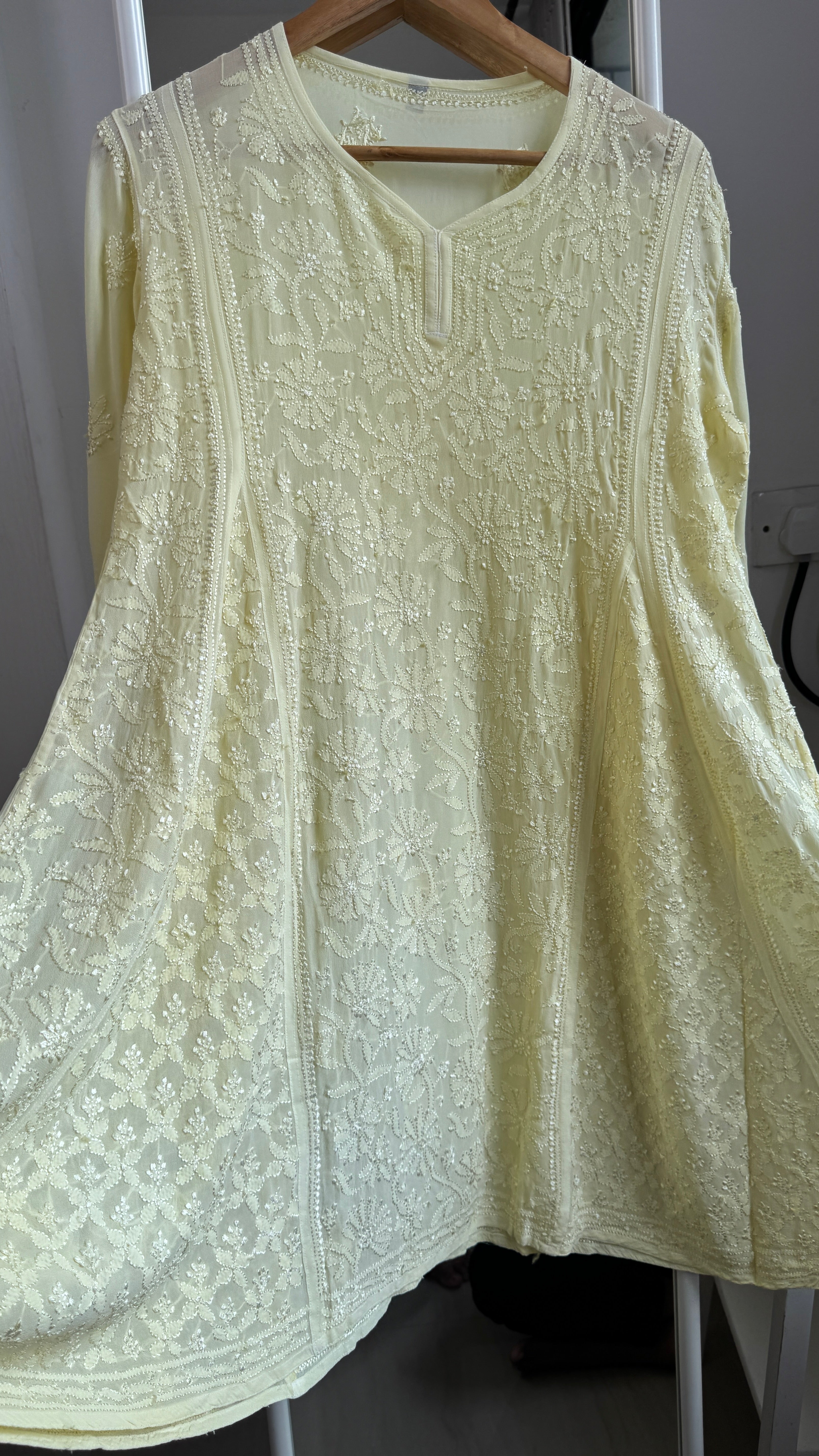 Viscose Chikankari Short Anarkali - Lemon Yellow  - Sahar Collection