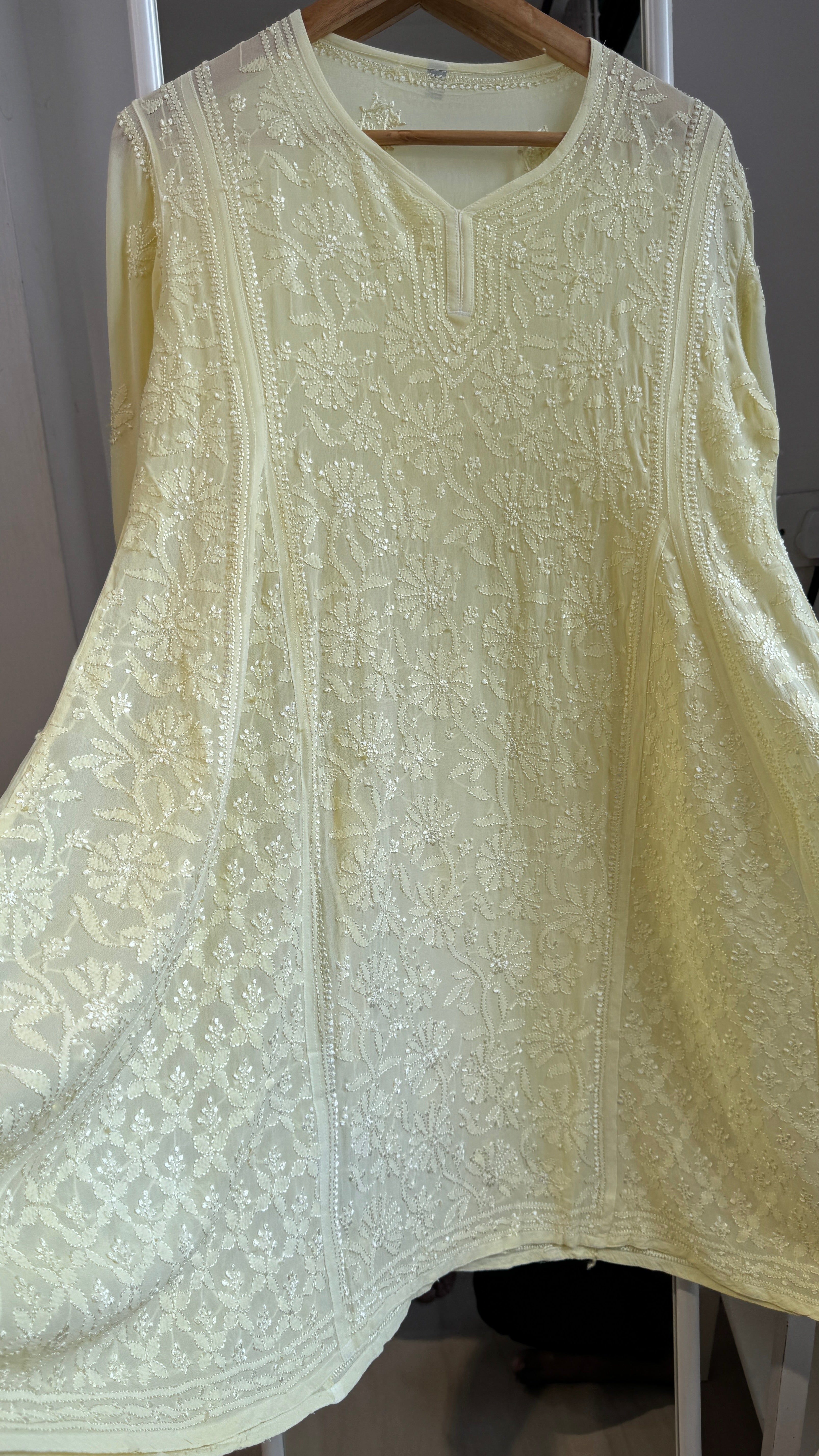 Viscose Chikankari Short Anarkali - Lemon Yellow  - Sahar Collection