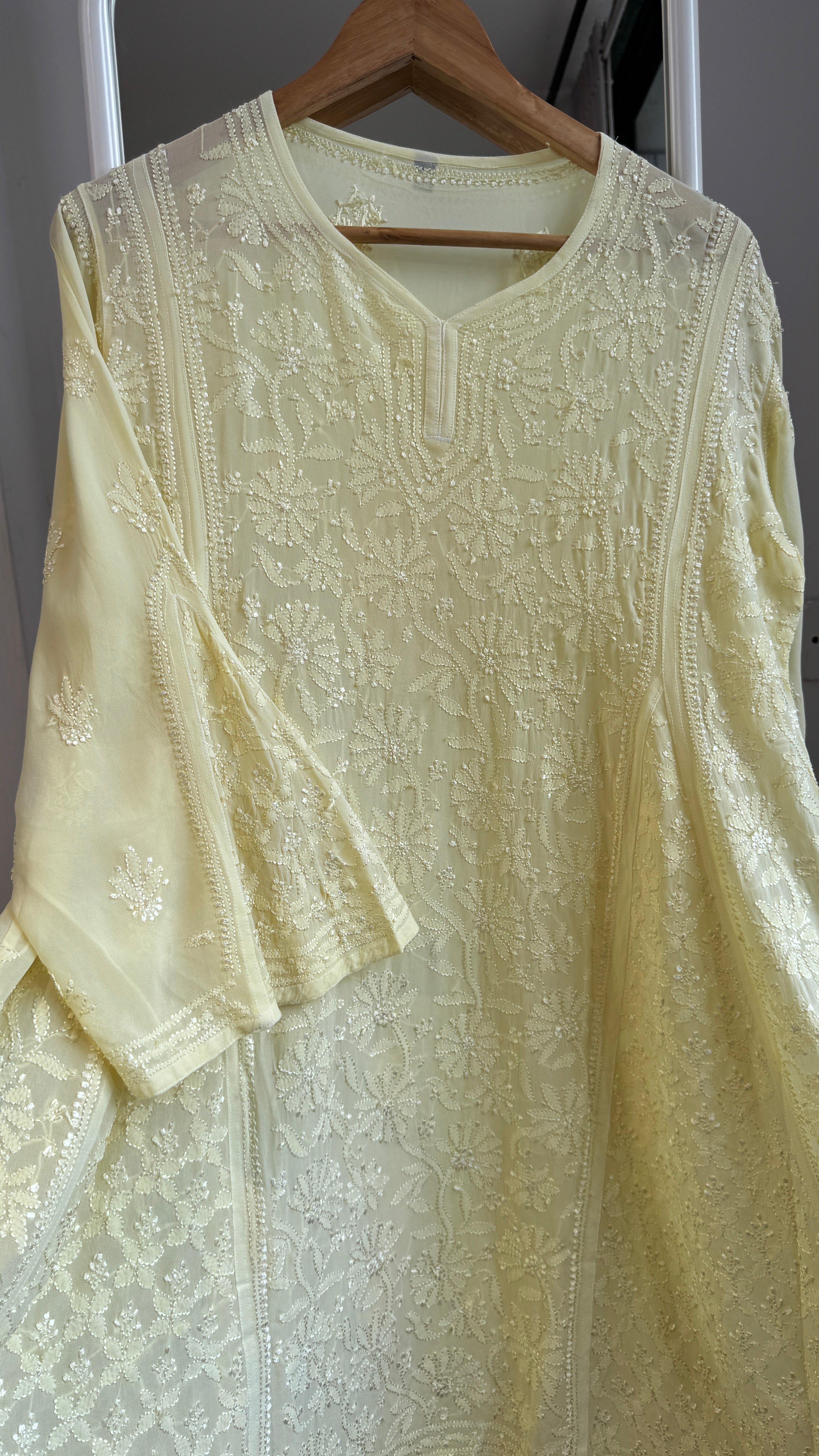 Viscose Chikankari Short Anarkali - Lemon Yellow  - Sahar Collection