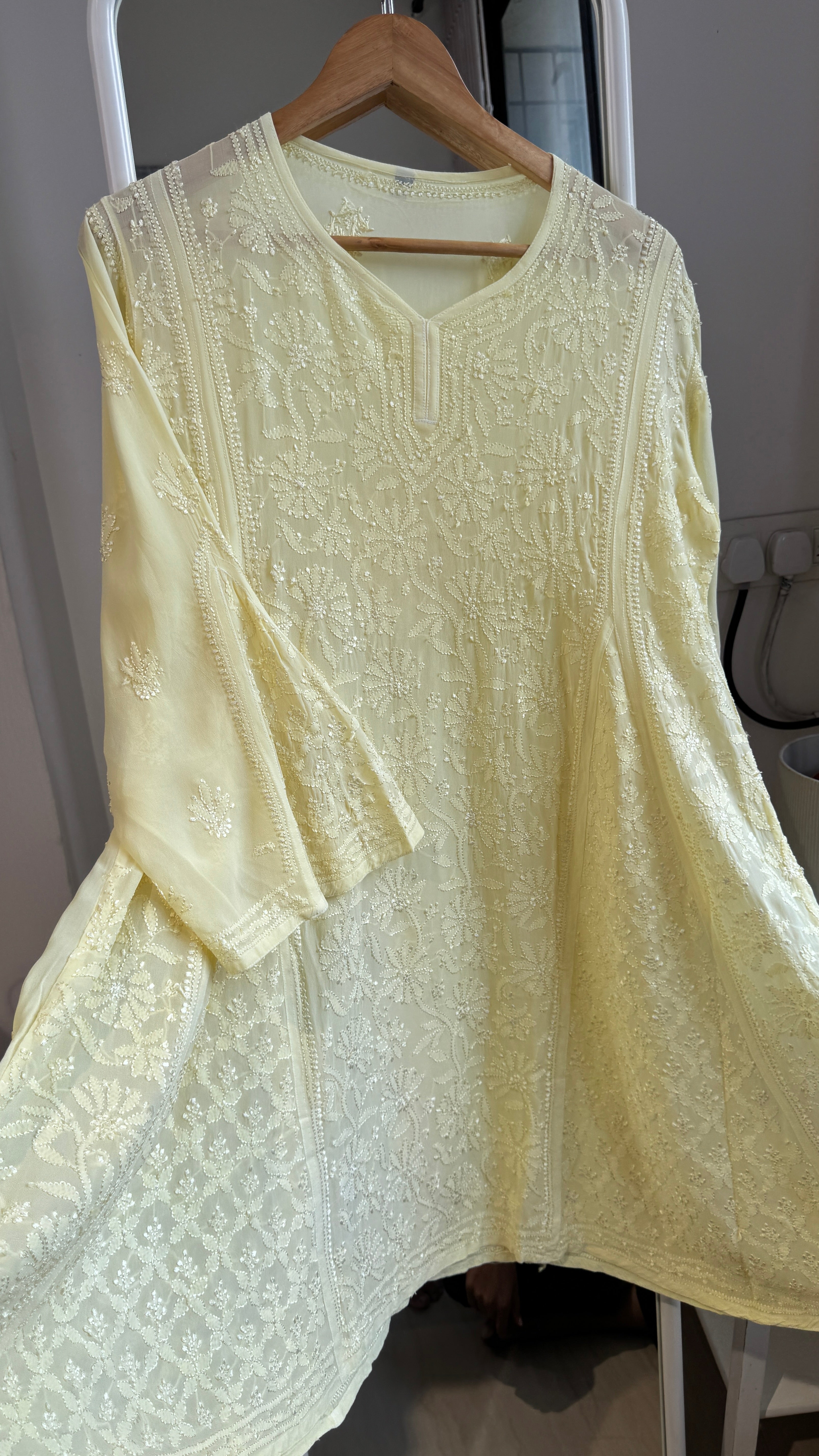 Viscose Chikankari Short Anarkali - Lemon Yellow  - Sahar Collection