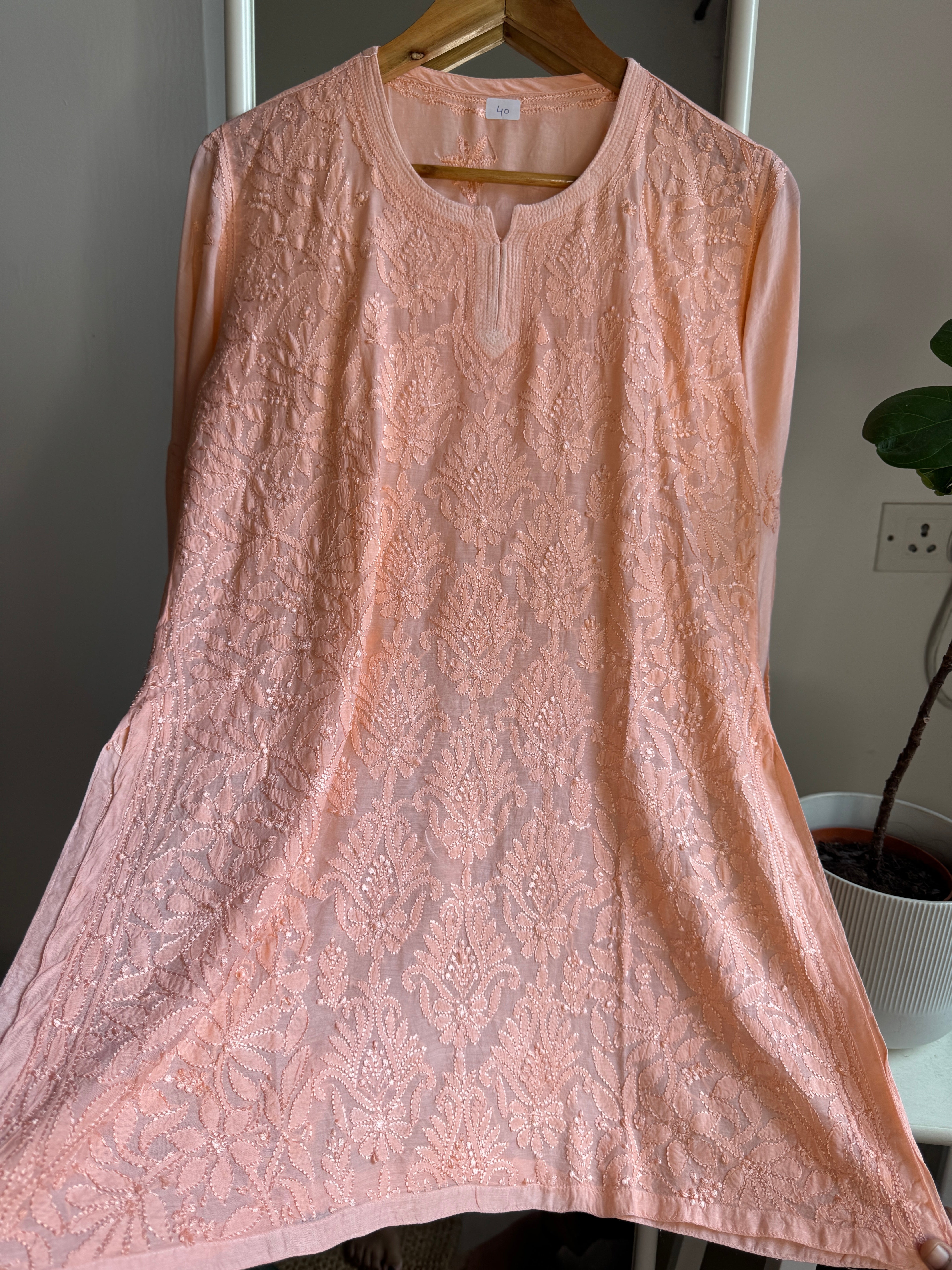 Chikankari Muslin short Top in Peach ARIAA CHIKANKARI 