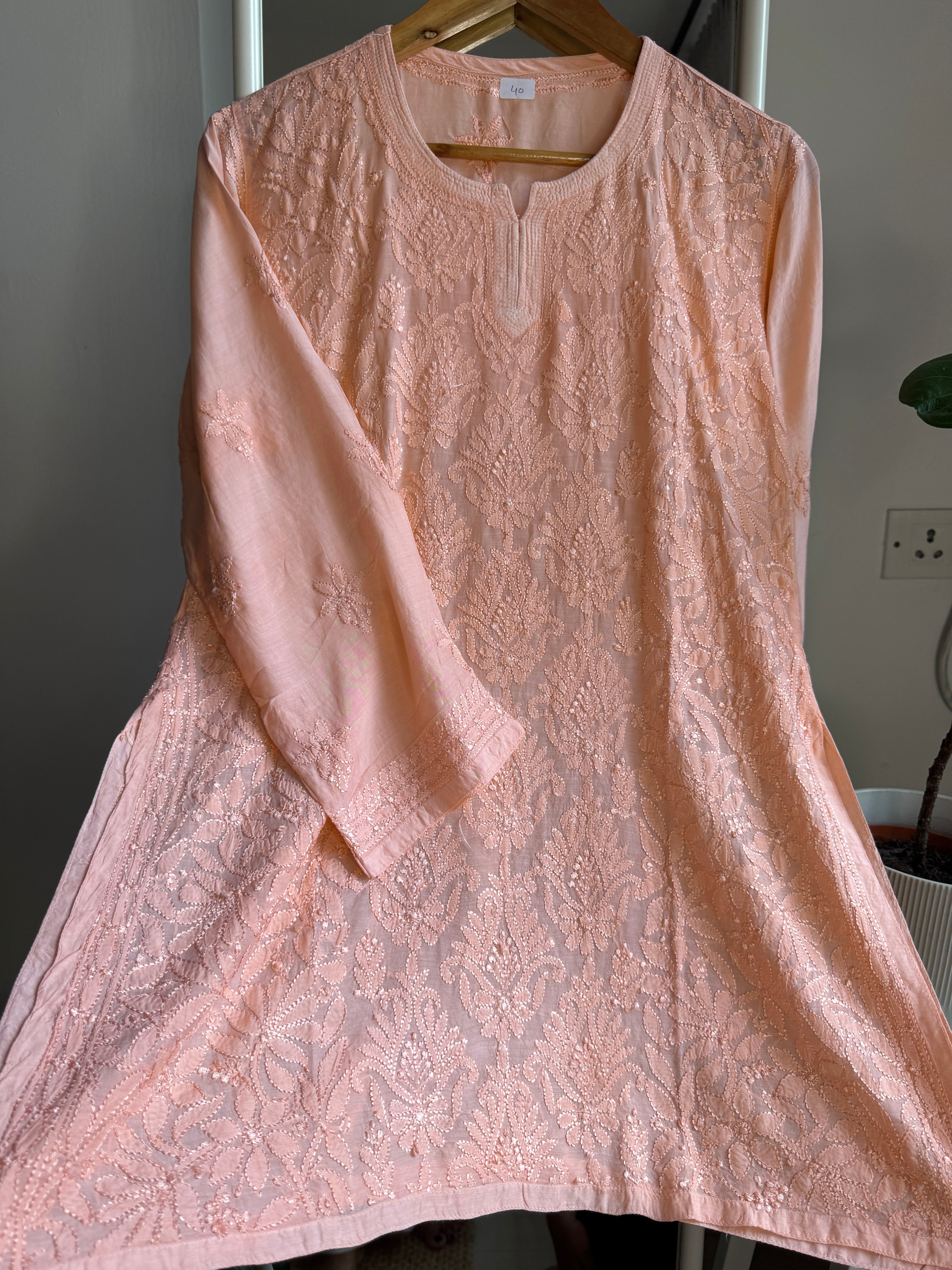 Chikankari Muslin short Top in Peach ARIAA CHIKANKARI 