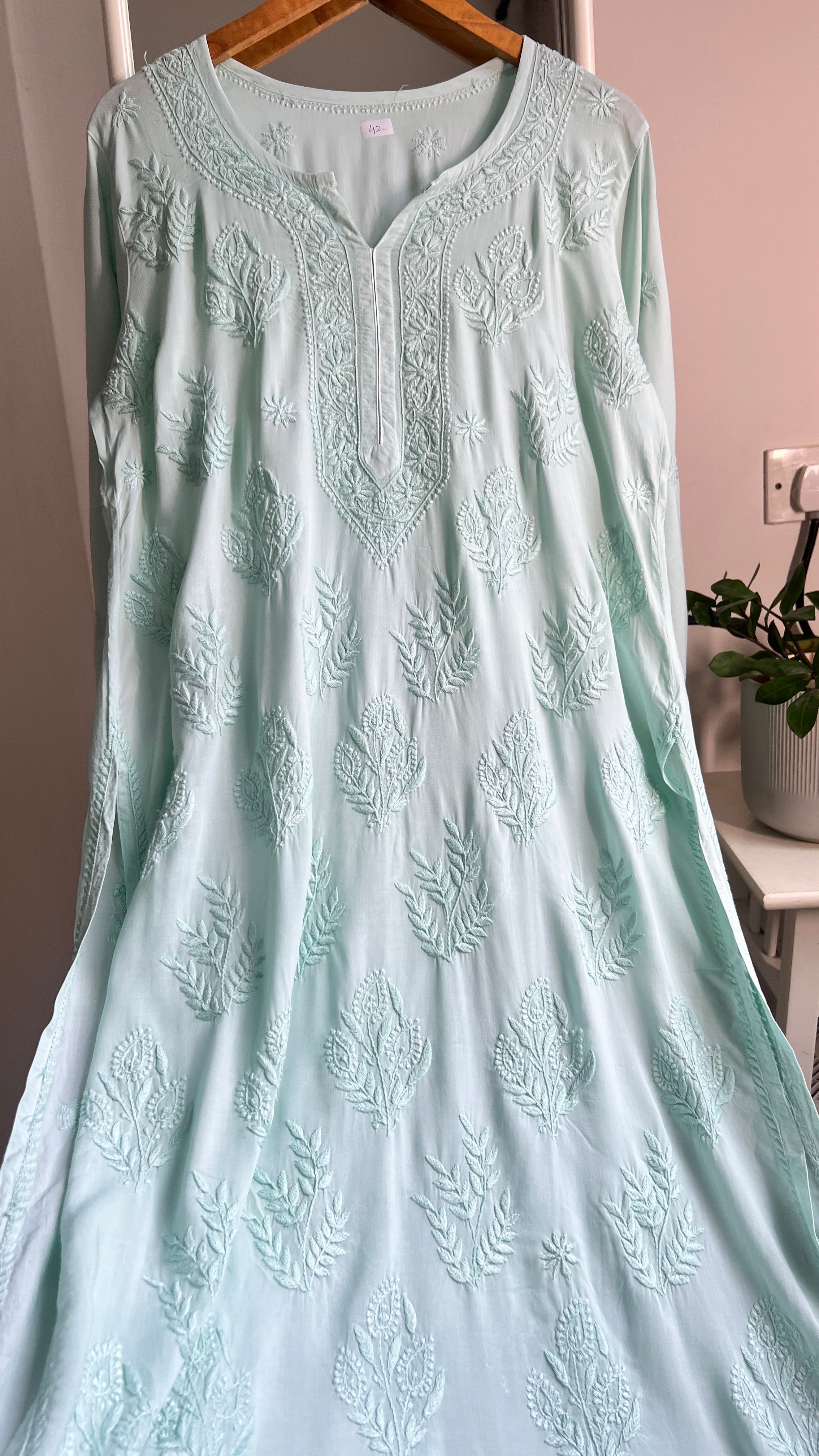 Premium Modal Chikankari Cotton Kurti -Light Green - Noor Collection