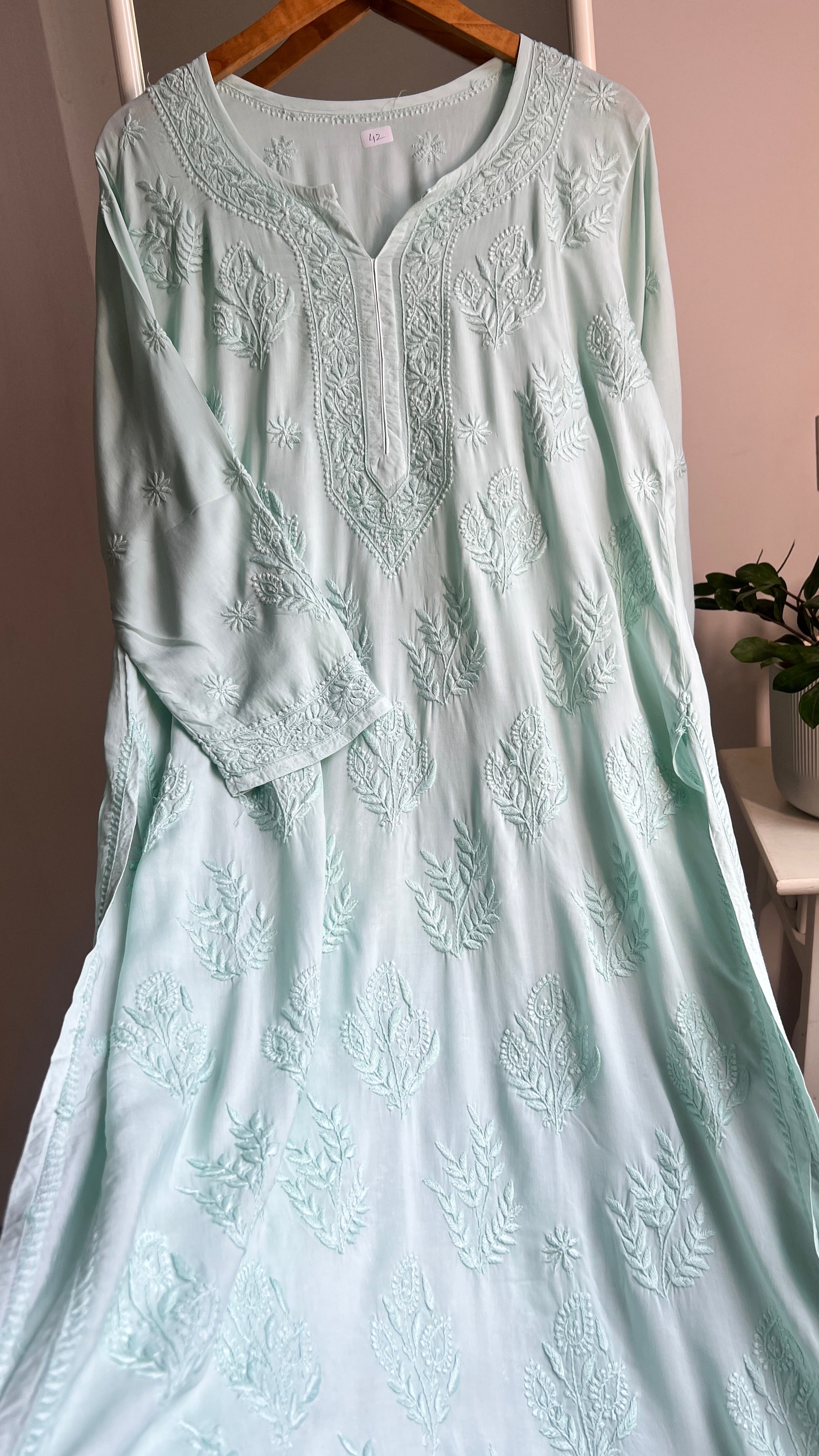 Premium Modal Chikankari Cotton Kurti -Light Green - Noor Collection