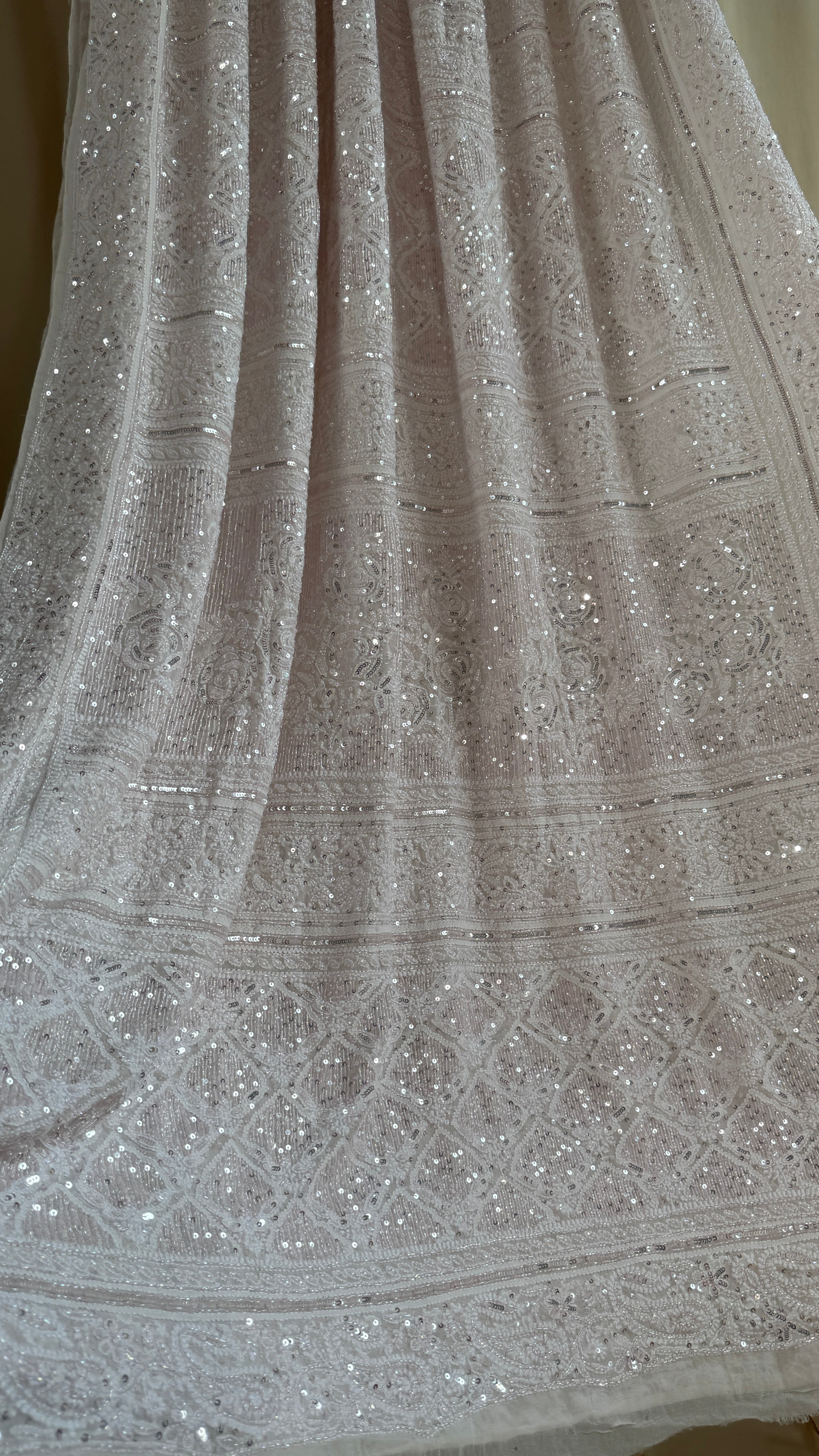 Pure Georgette Lucknow Chikankari Saree - white with pink detailing - Rooh Collection