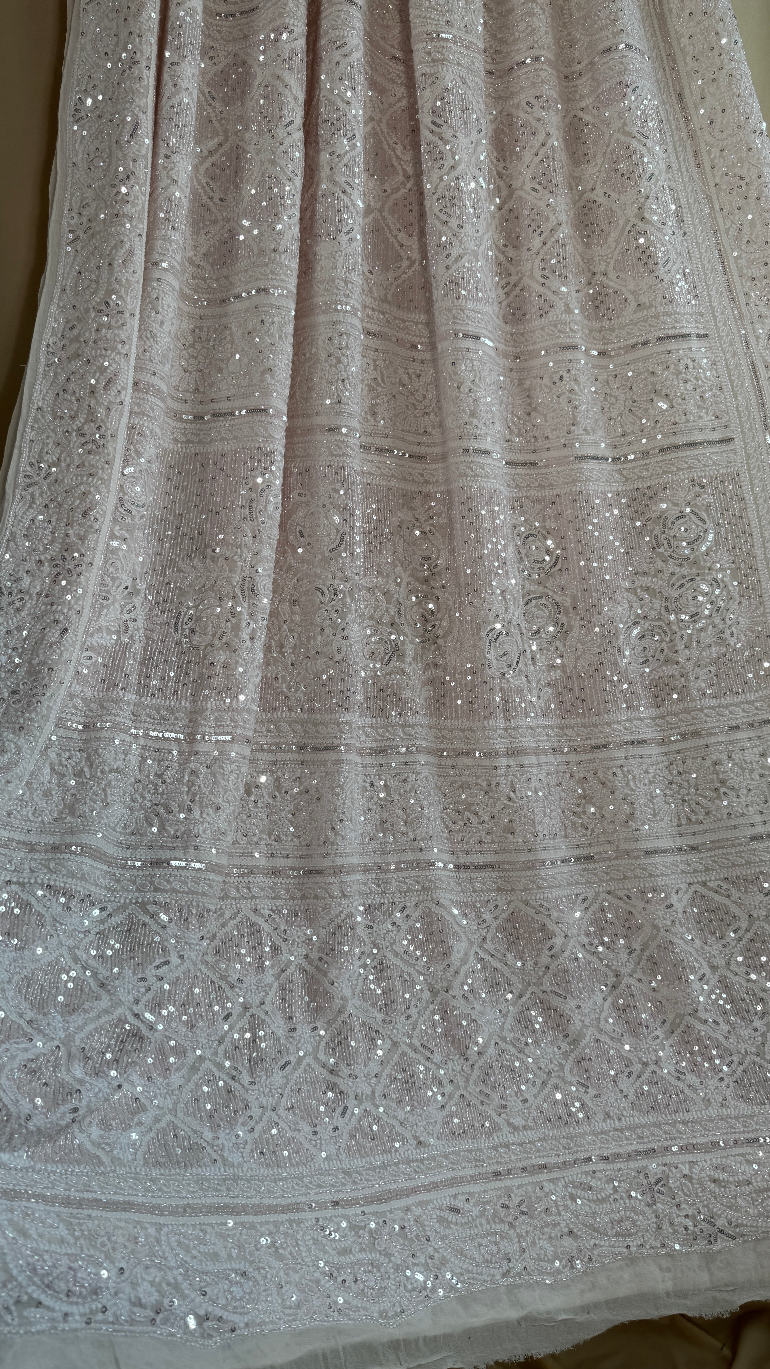 Pure Georgette Lucknow Chikankari Saree - white with pink detailing - Rooh Collection