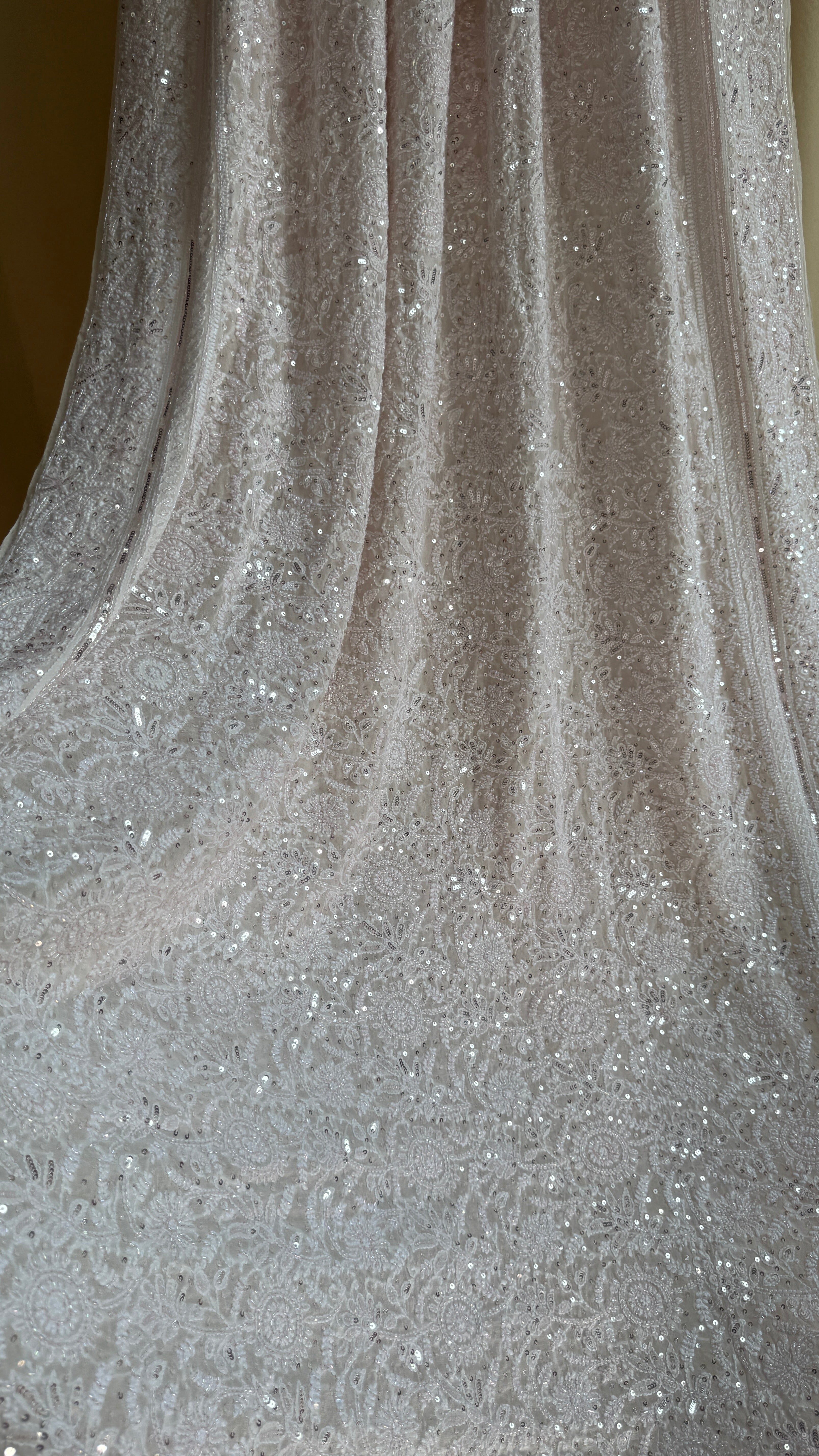Pure Georgette Lucknow Chikankari Saree - white with pink detailing - Rooh Collection