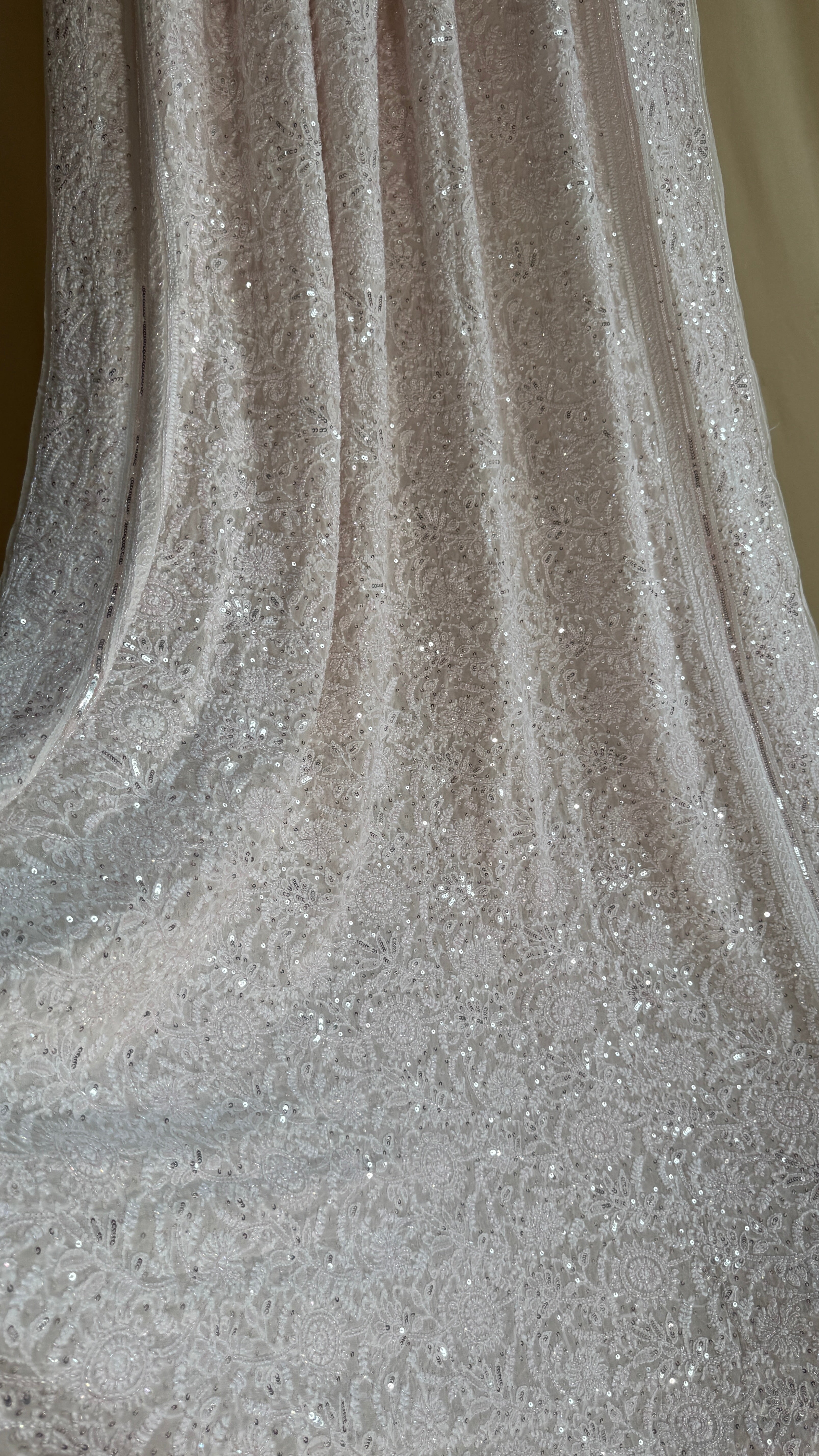 Pure Georgette Lucknow Chikankari Saree - white with pink detailing - Rooh Collection
