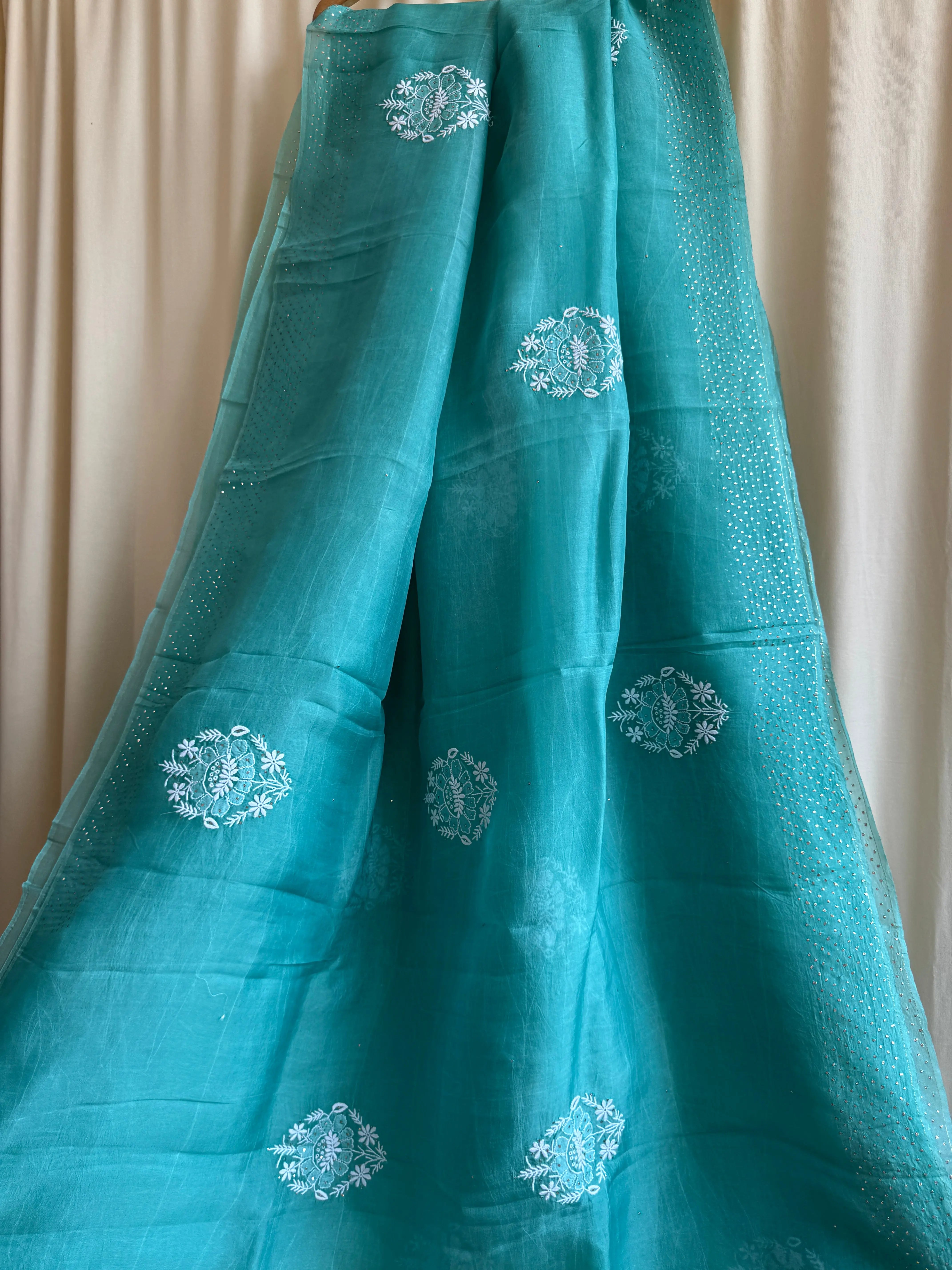 Pure organza Chikankari saree in Green with Mukaish work ARIAA CHIKANKARI 