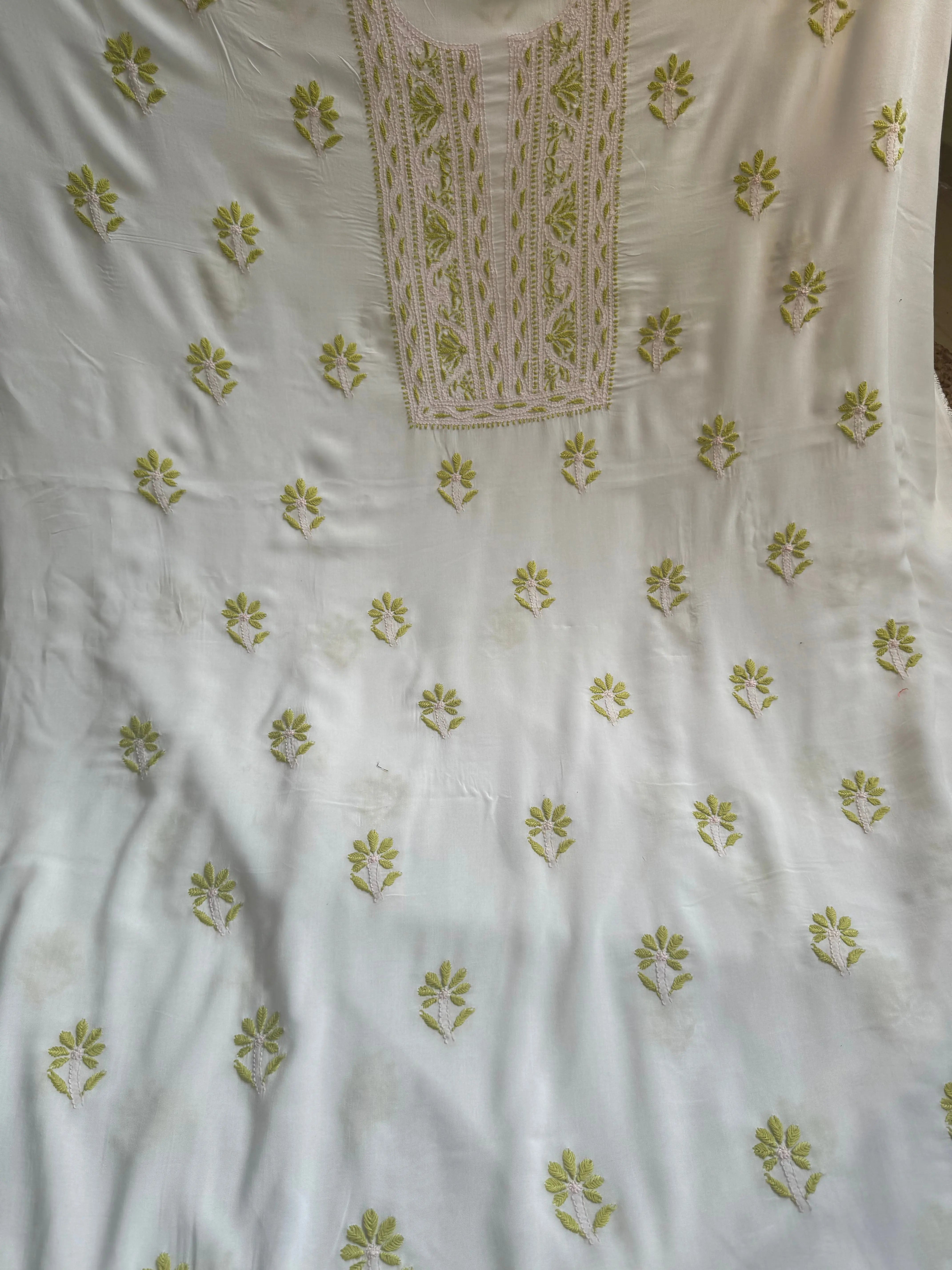 Modal Unstitched Kurti Fabric - White with Multi Thread work - ARIAA CHIKANKARI