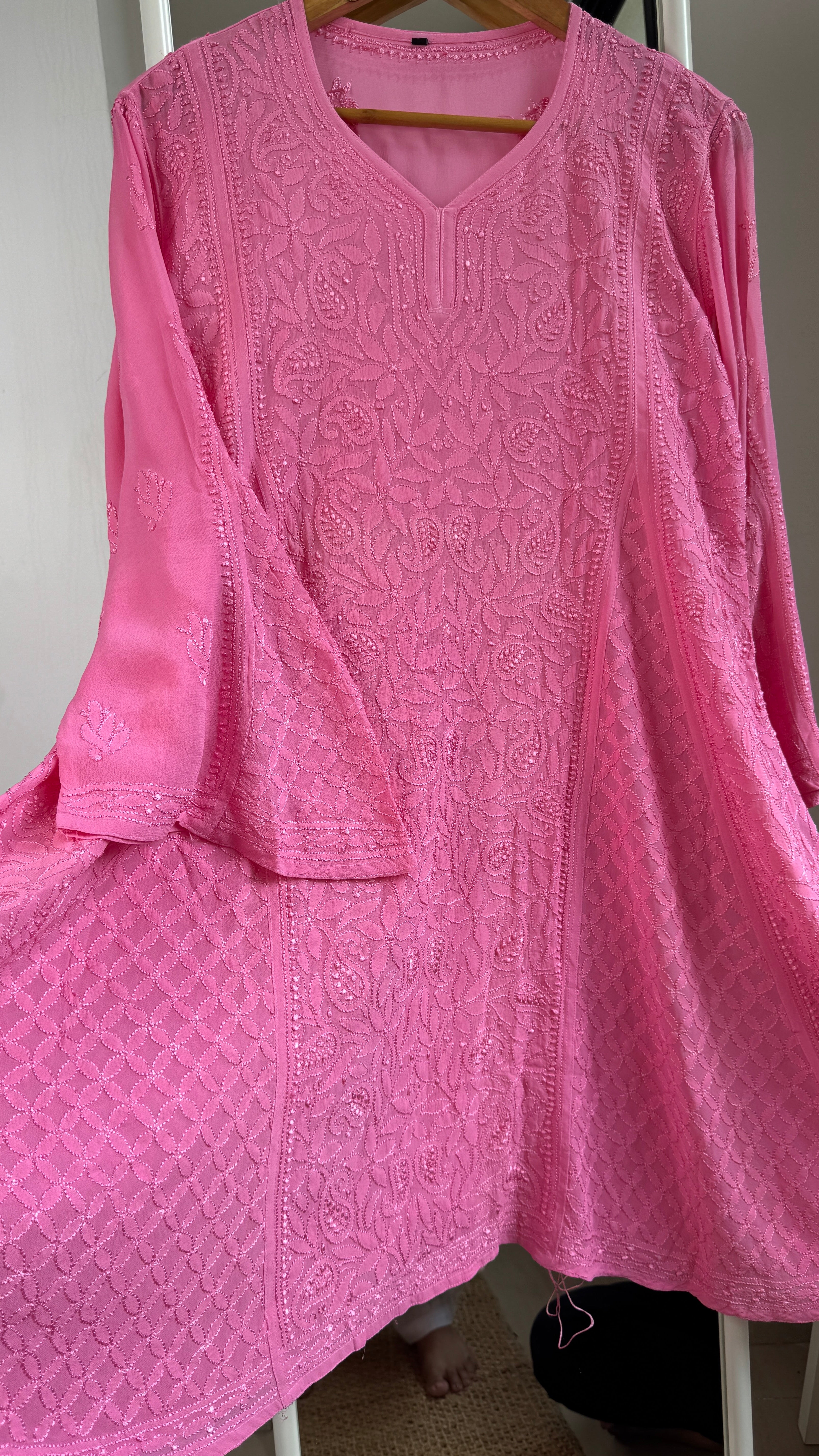 Viscose Chikankari Short Anarkali - Pink  - Sahar Collection