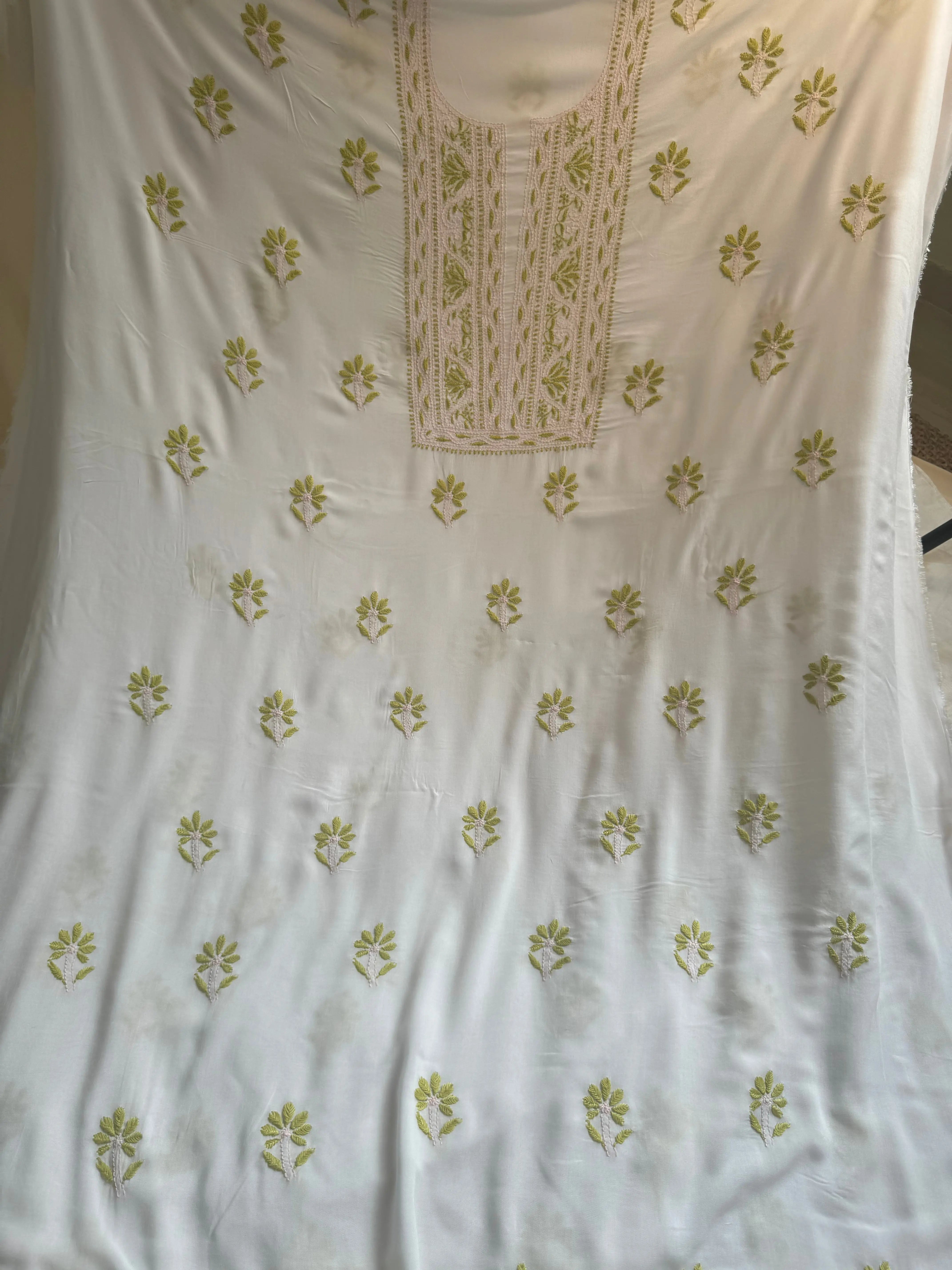 Modal Unstitched Kurti Fabric - White with Multi Thread work - ARIAA CHIKANKARI