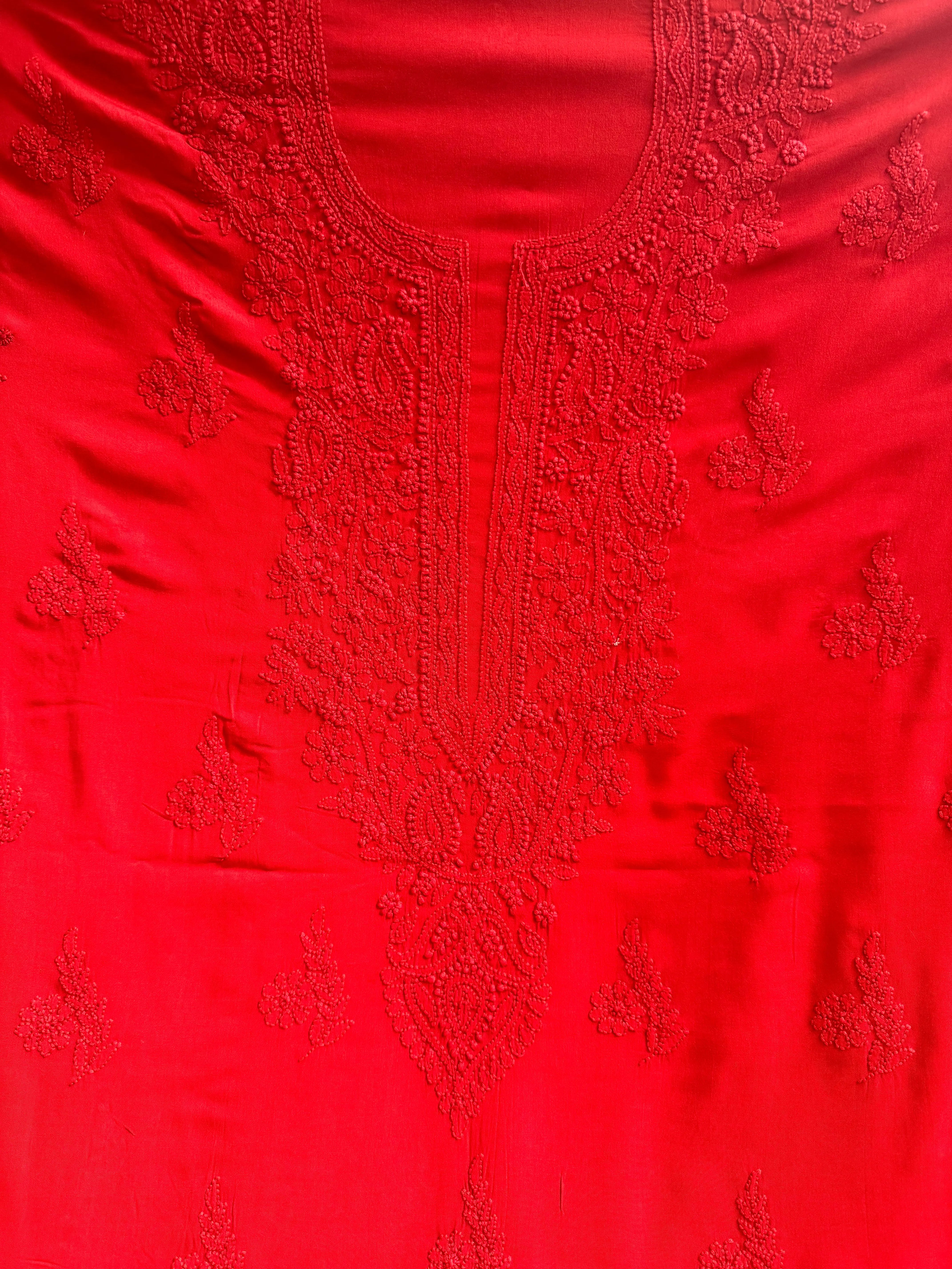 Modal Unstitched Kurti Fabric - Red ARIAA CHIKANKARI 