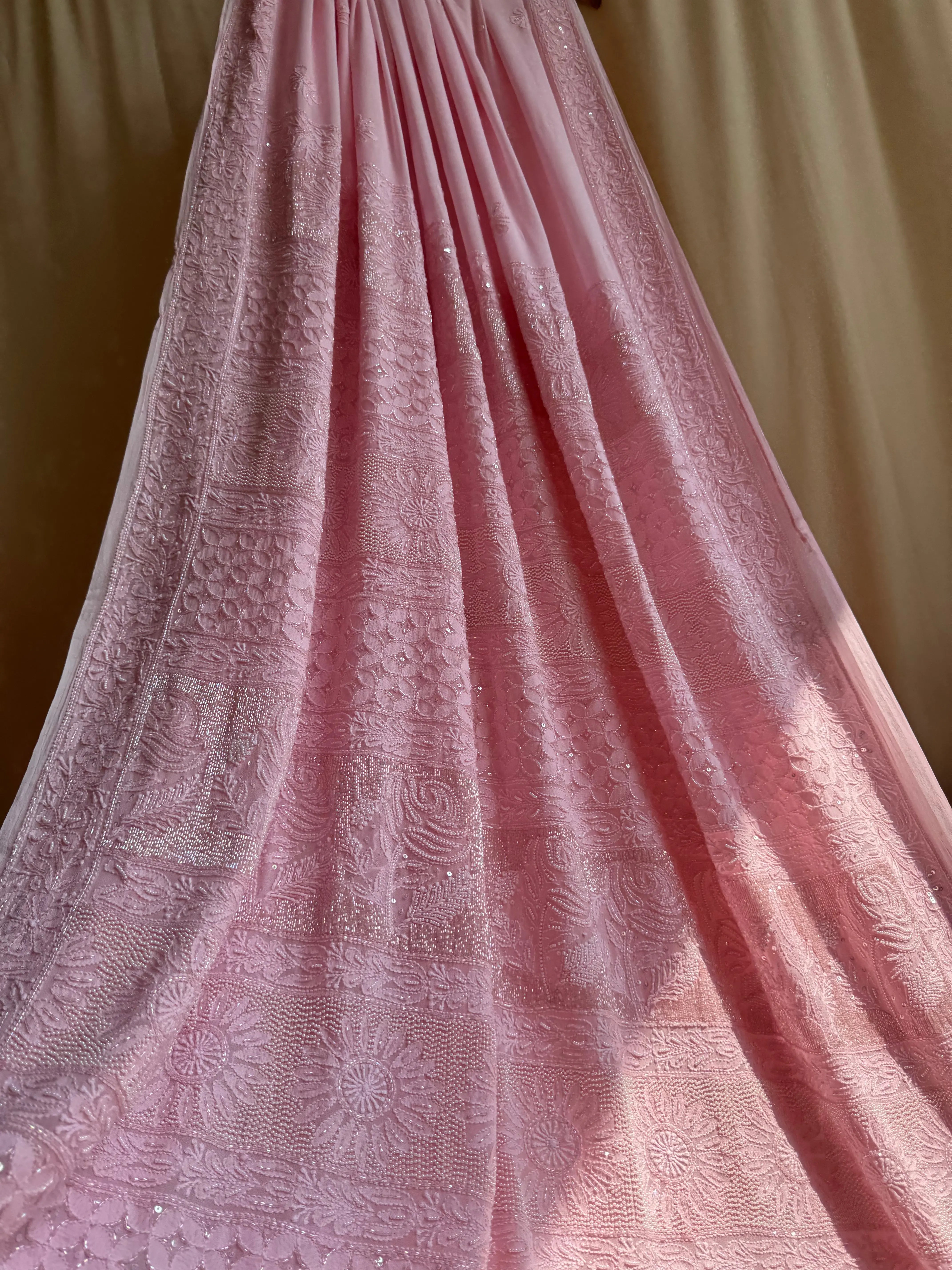 Viscose Pink Chikankari saree with Pearl embellishments ARIAA CHIKANKARI 