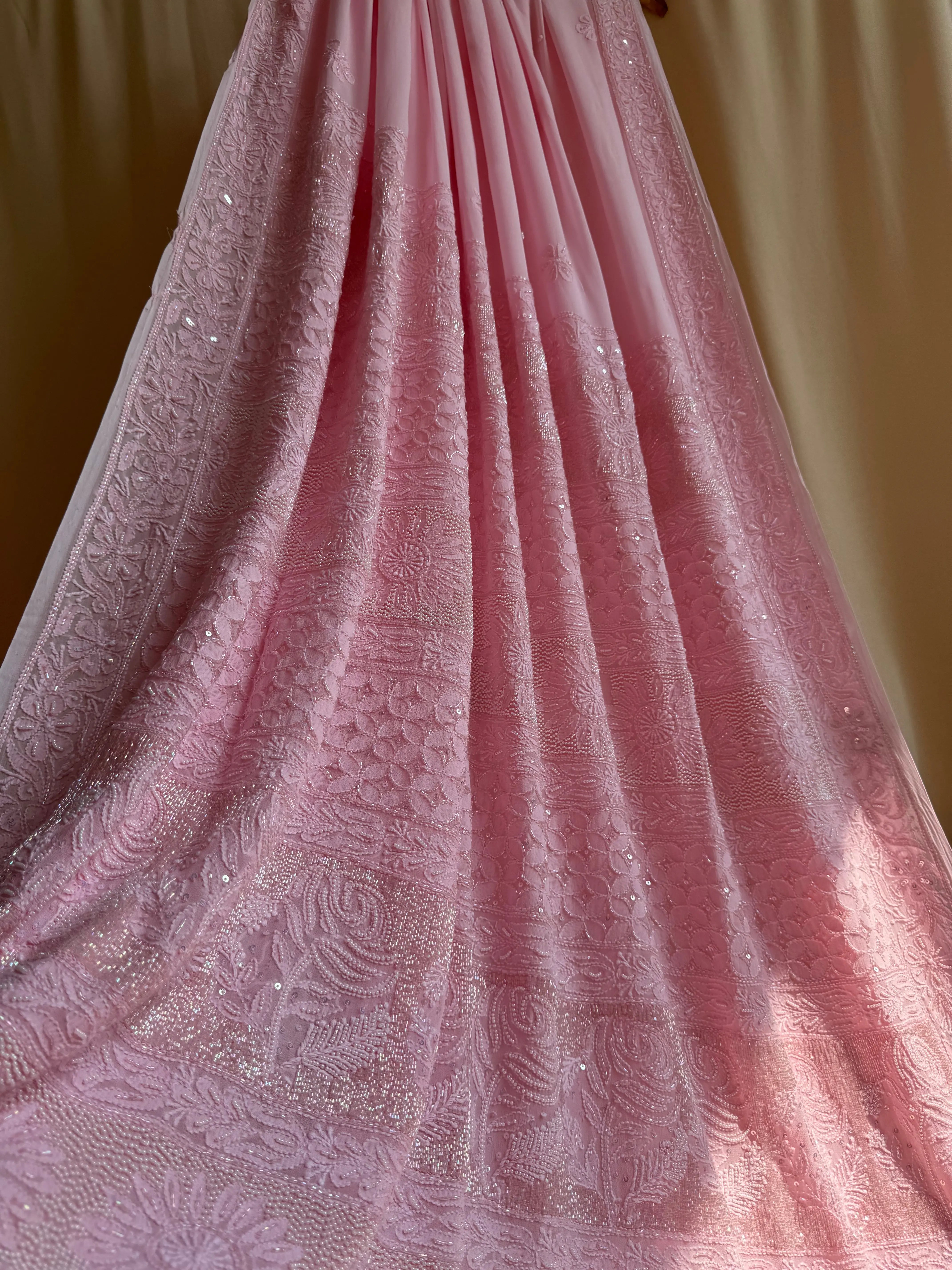 Viscose Pink Chikankari saree with Pearl embellishments ARIAA CHIKANKARI 