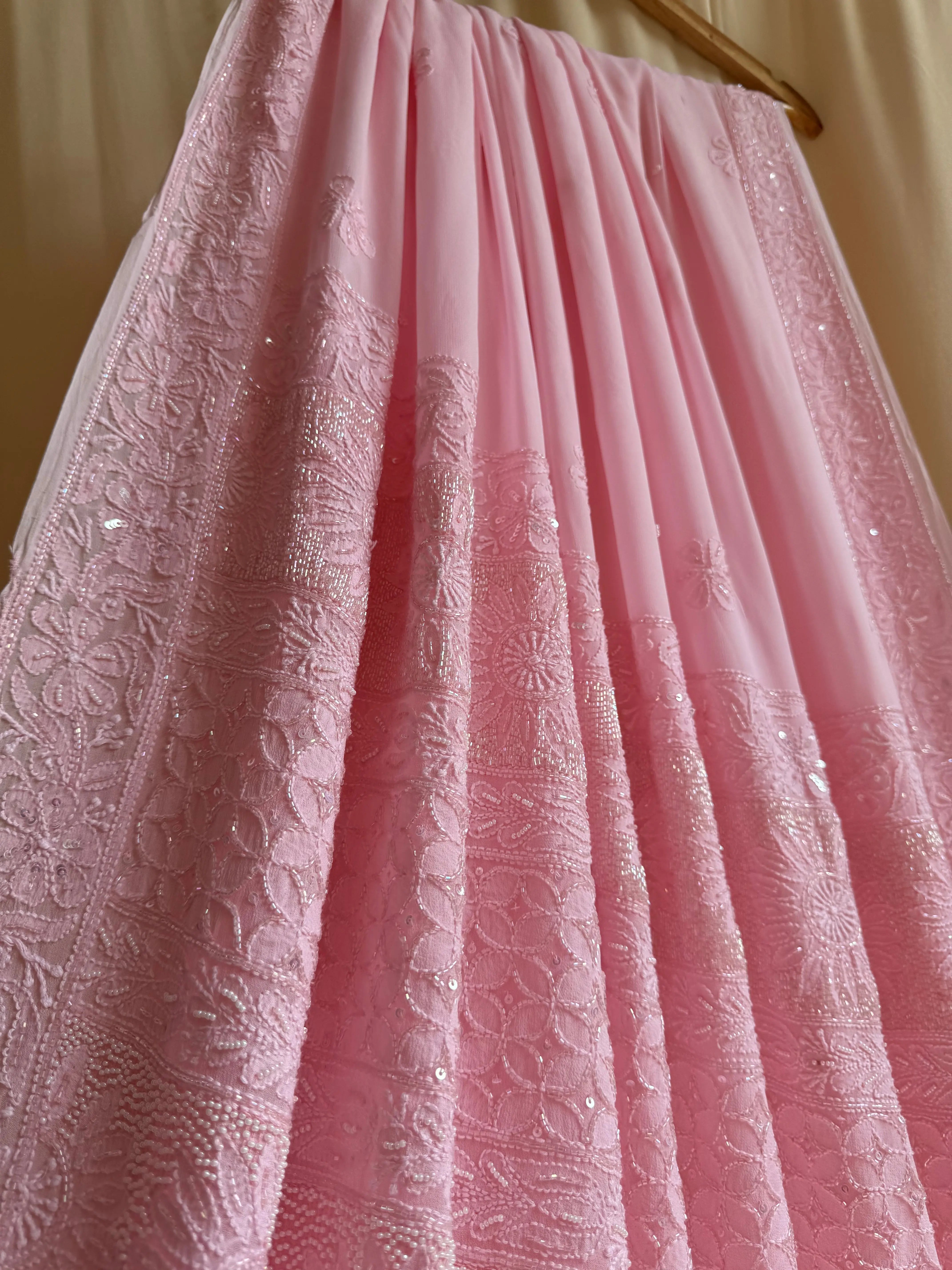 Viscose Pink Chikankari saree with Pearl embellishments ARIAA CHIKANKARI 