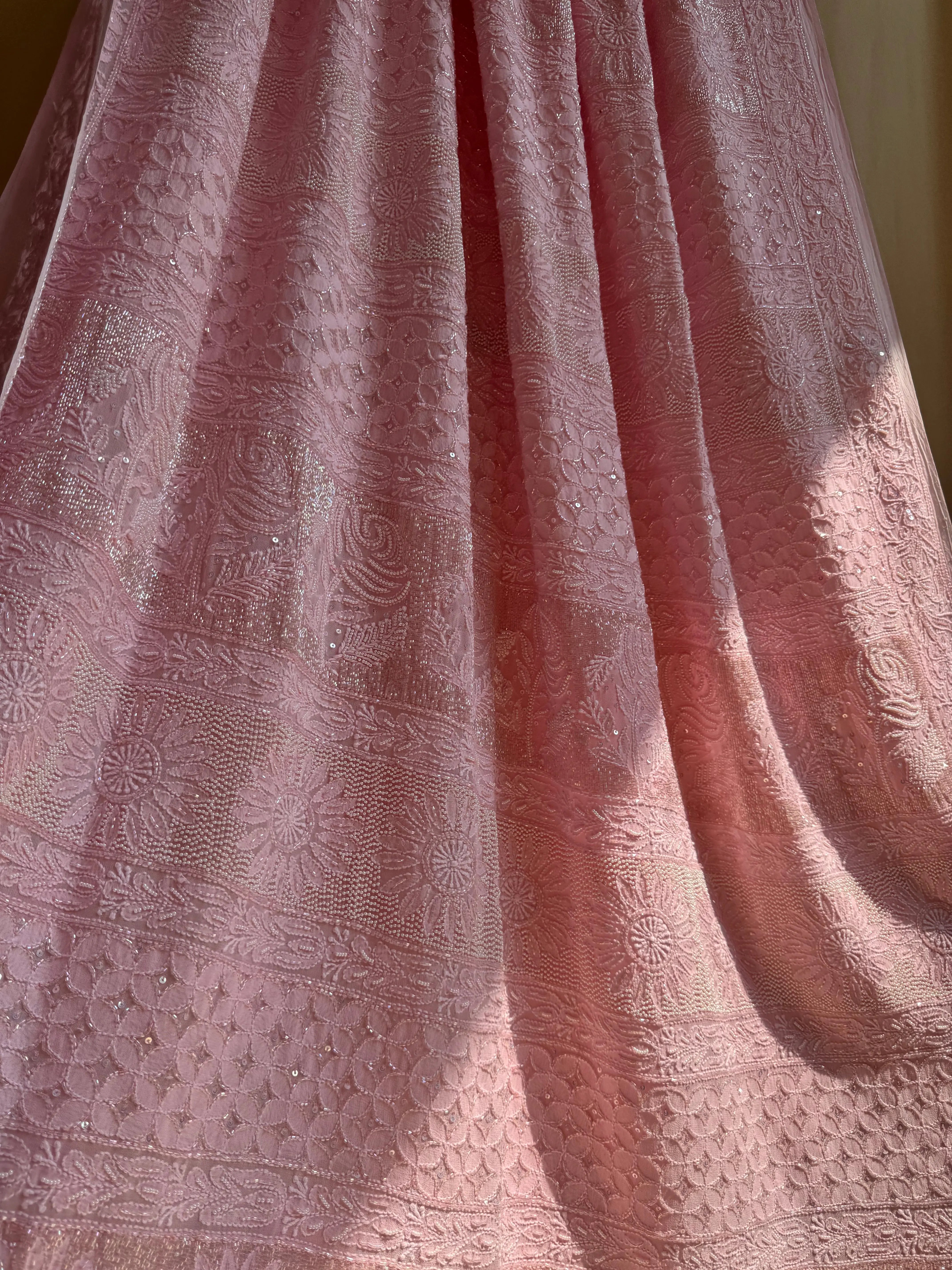 Viscose Pink Chikankari saree with Pearl embellishments ARIAA CHIKANKARI 