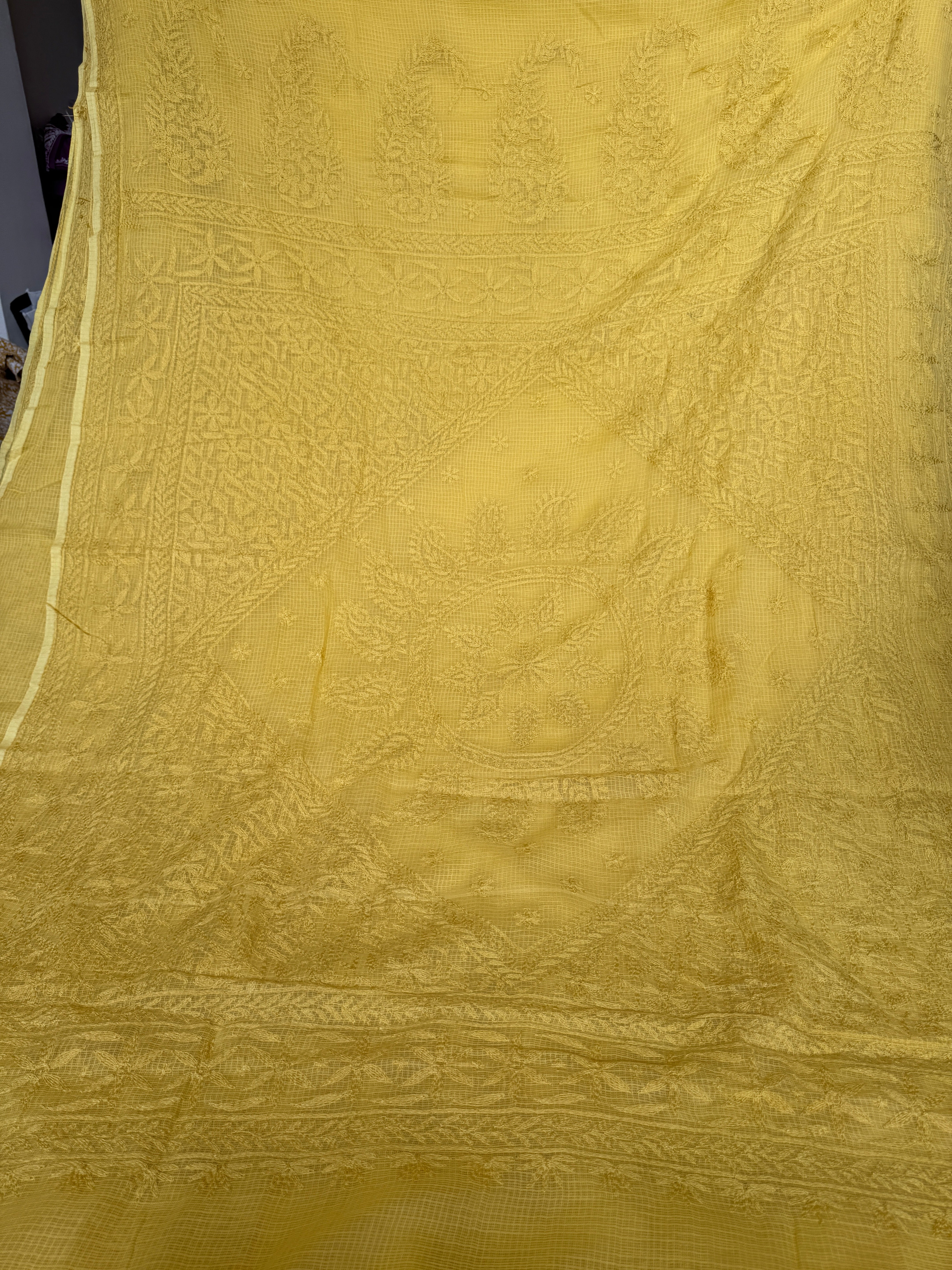 Kota Chikankari saree in Mustard Yellow ARIAA CHIKANKARI 