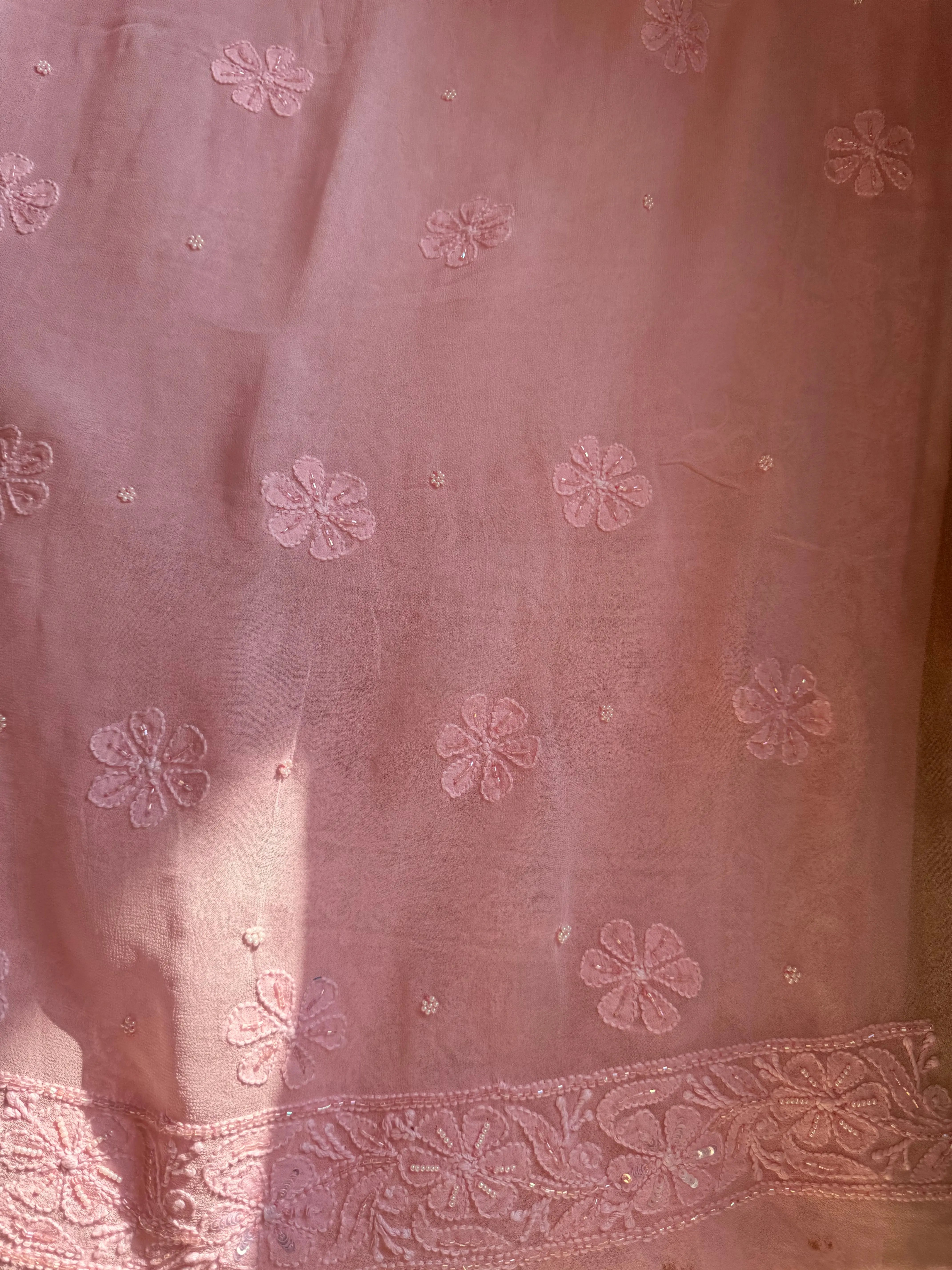 Viscose Pink Chikankari saree with Pearl embellishments ARIAA CHIKANKARI 