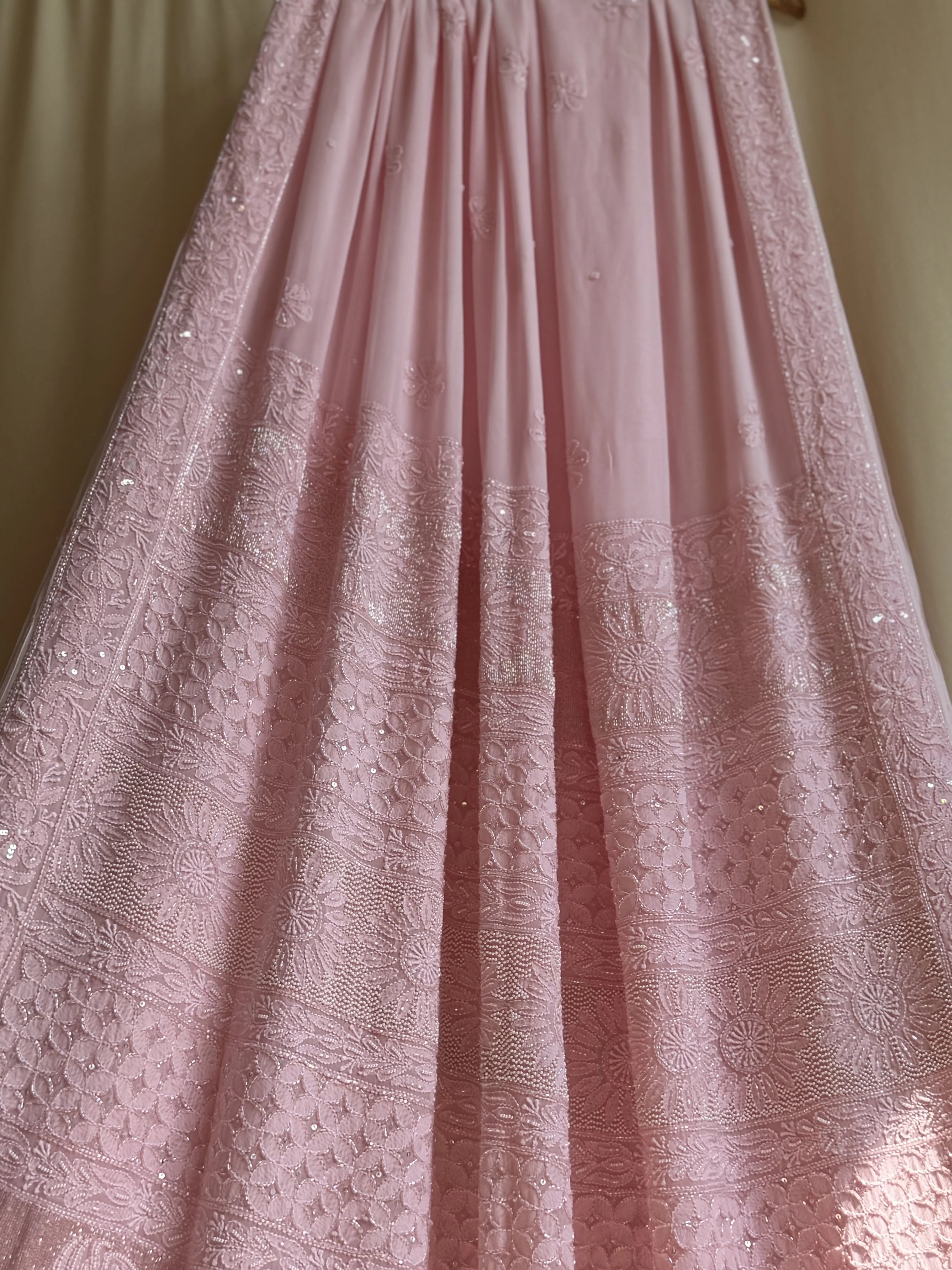 Viscose Pink Chikankari saree with Pearl embellishments ARIAA CHIKANKARI 