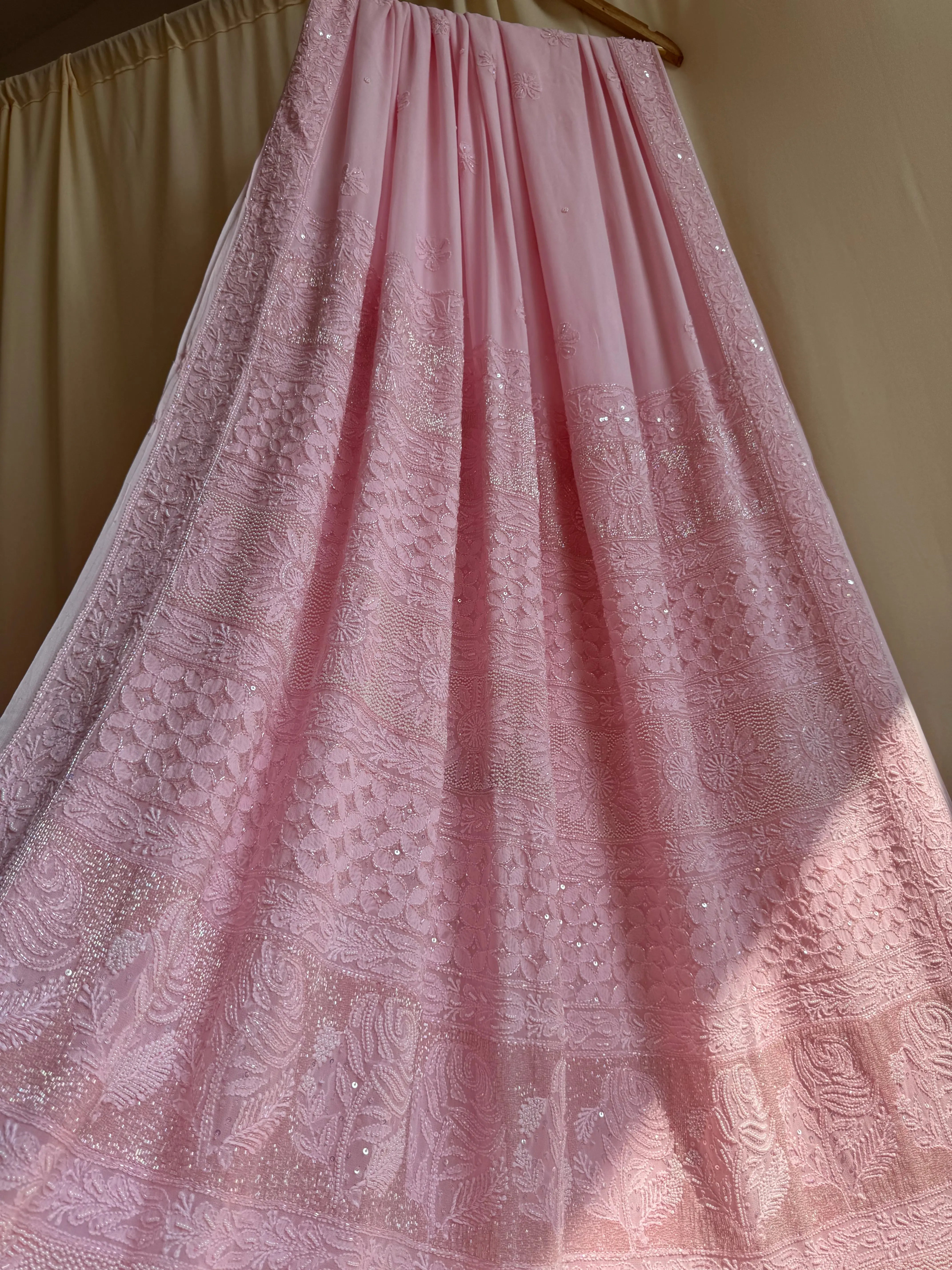 Viscose Pink Chikankari saree with Pearl embellishments ARIAA CHIKANKARI 