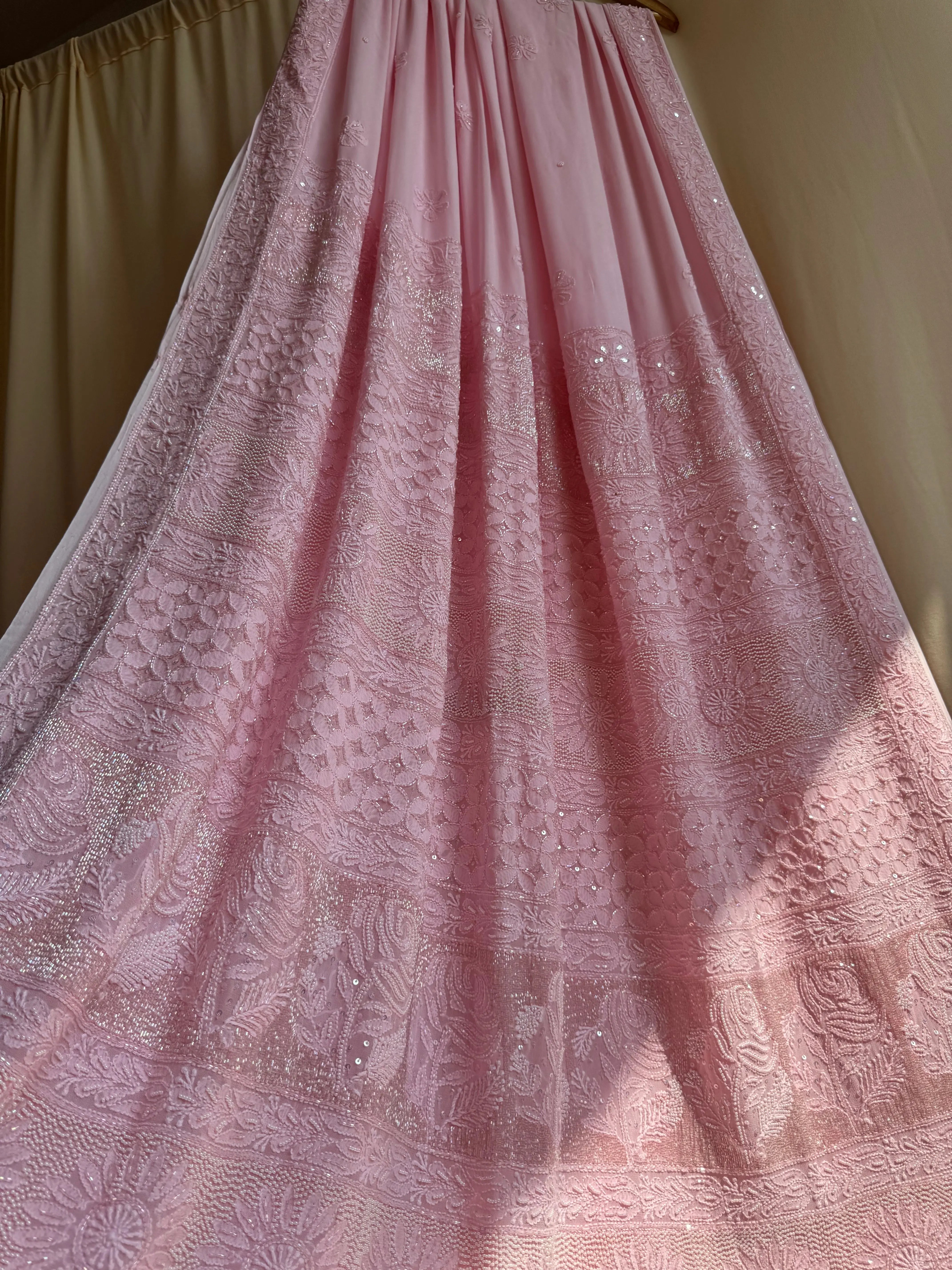 Viscose Pink Chikankari saree with Pearl embellishments ARIAA CHIKANKARI 