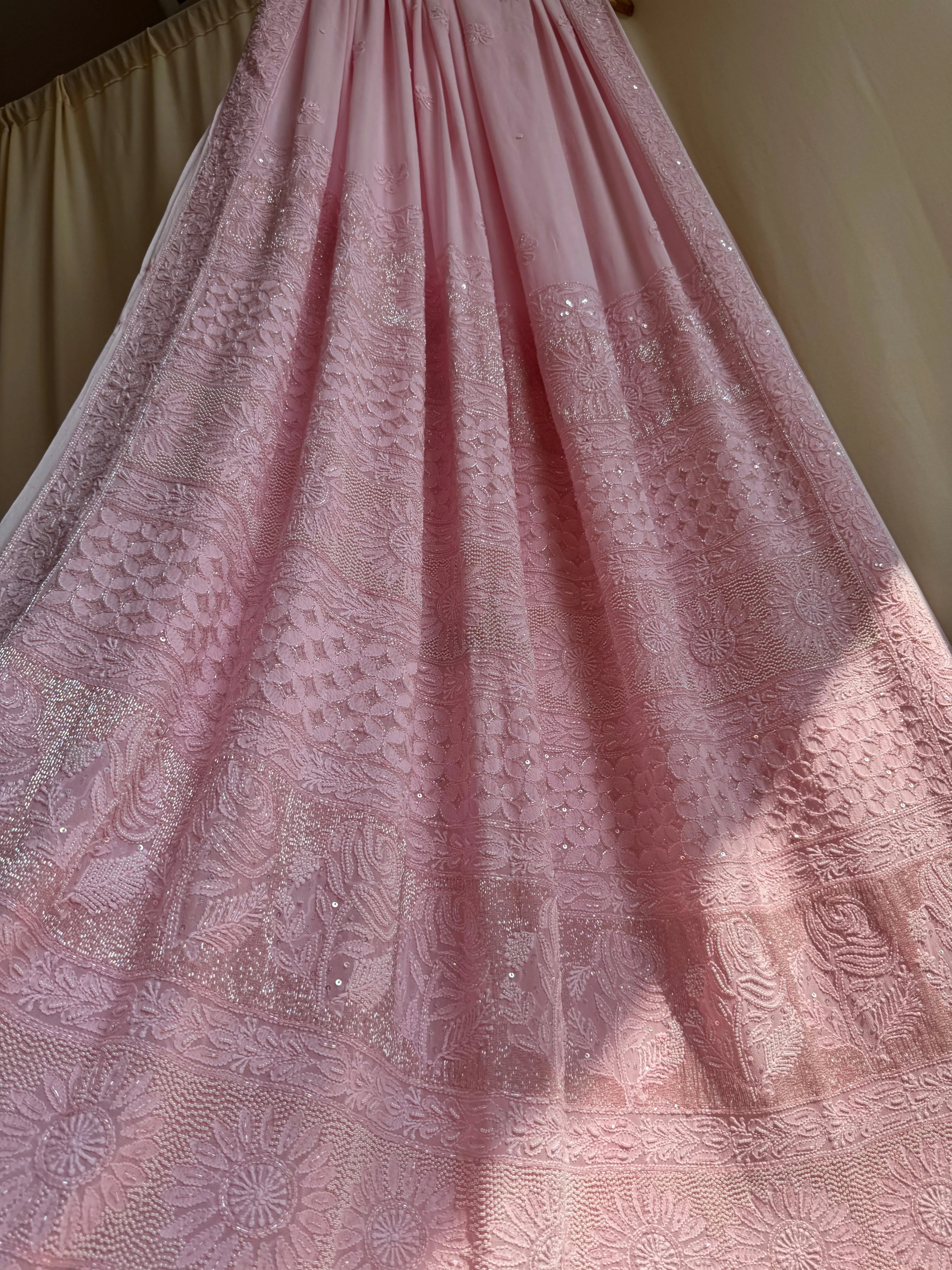 Viscose Pink Chikankari saree with Pearl embellishments ARIAA CHIKANKARI 